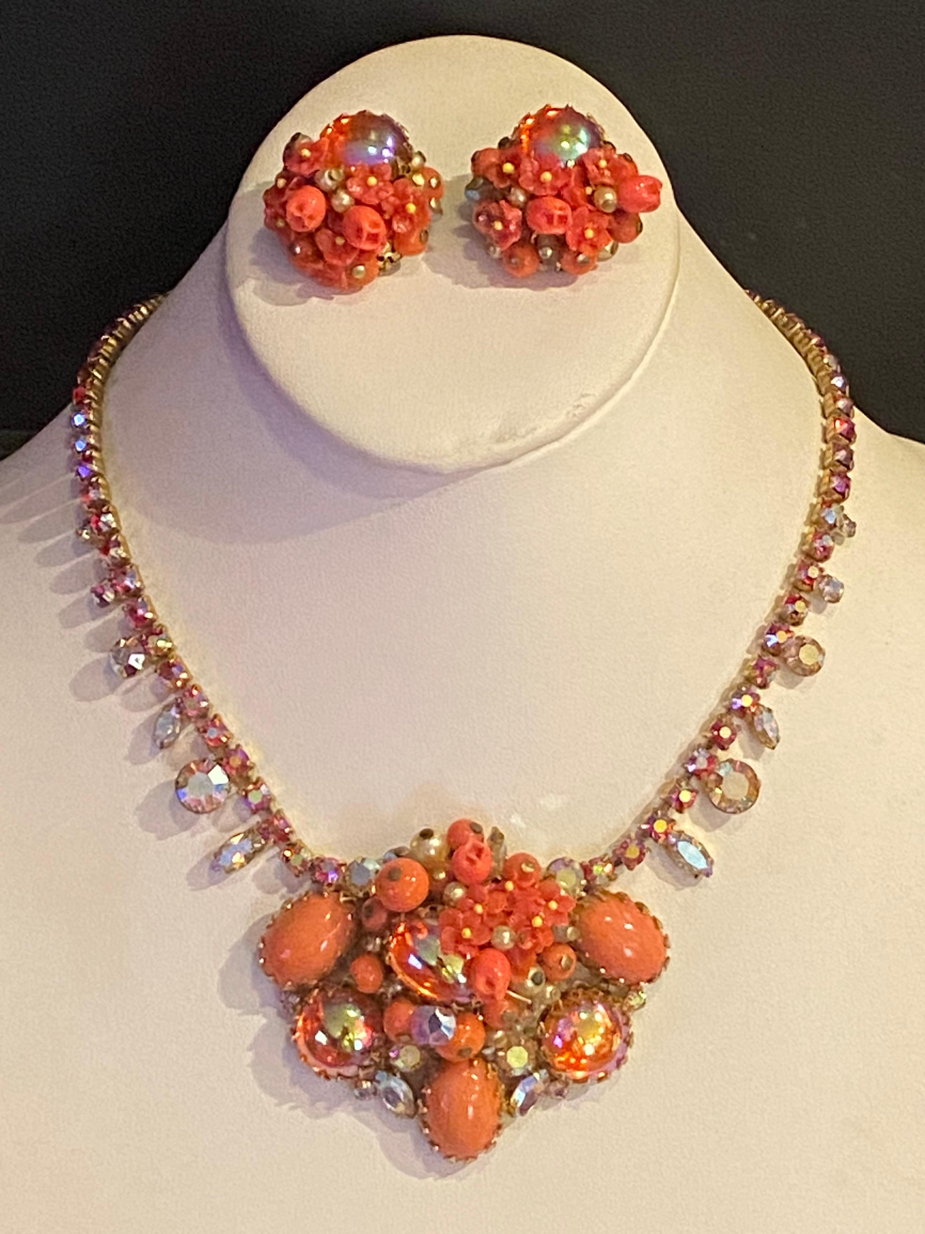 Women's 1950s Coral glass bead, flower, cabochon & rhinestoned necklace & earrings For Sale