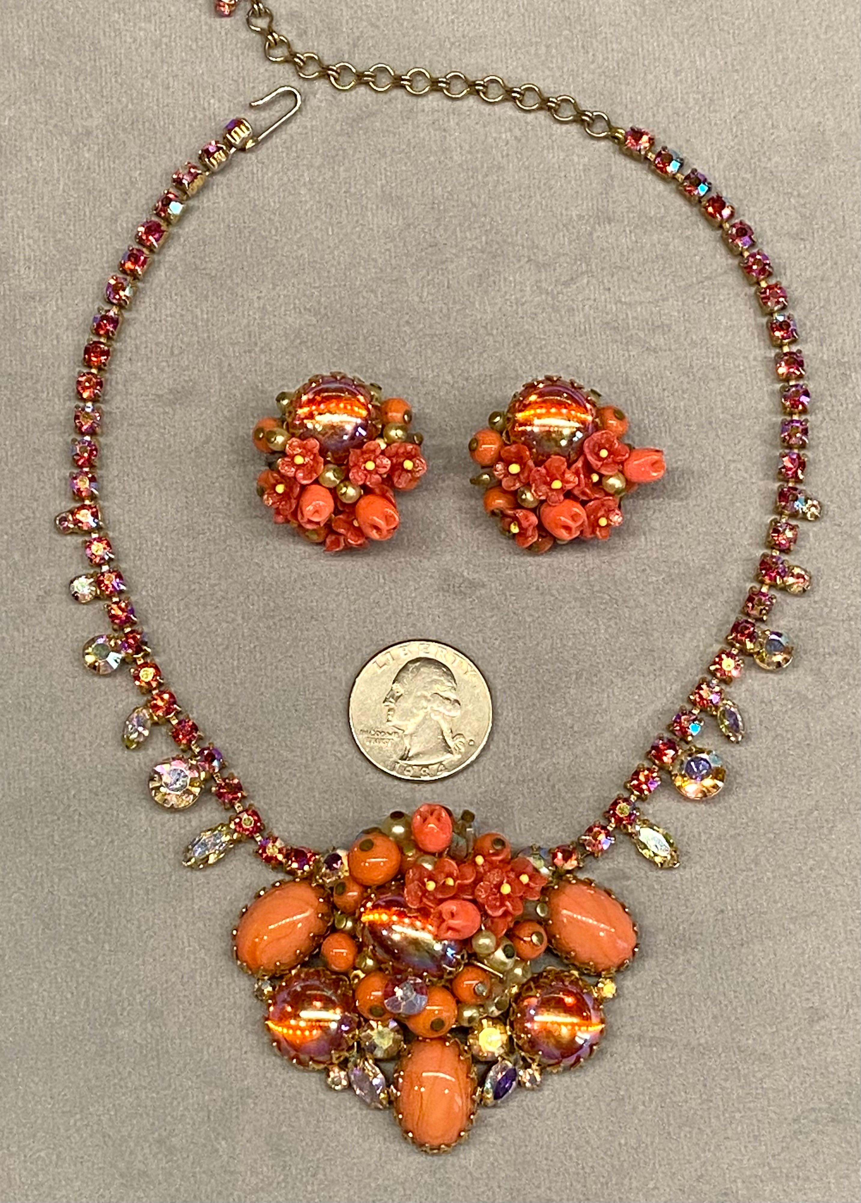 1950s Coral glass bead, flower, cabochon & rhinestoned necklace & earrings For Sale 1