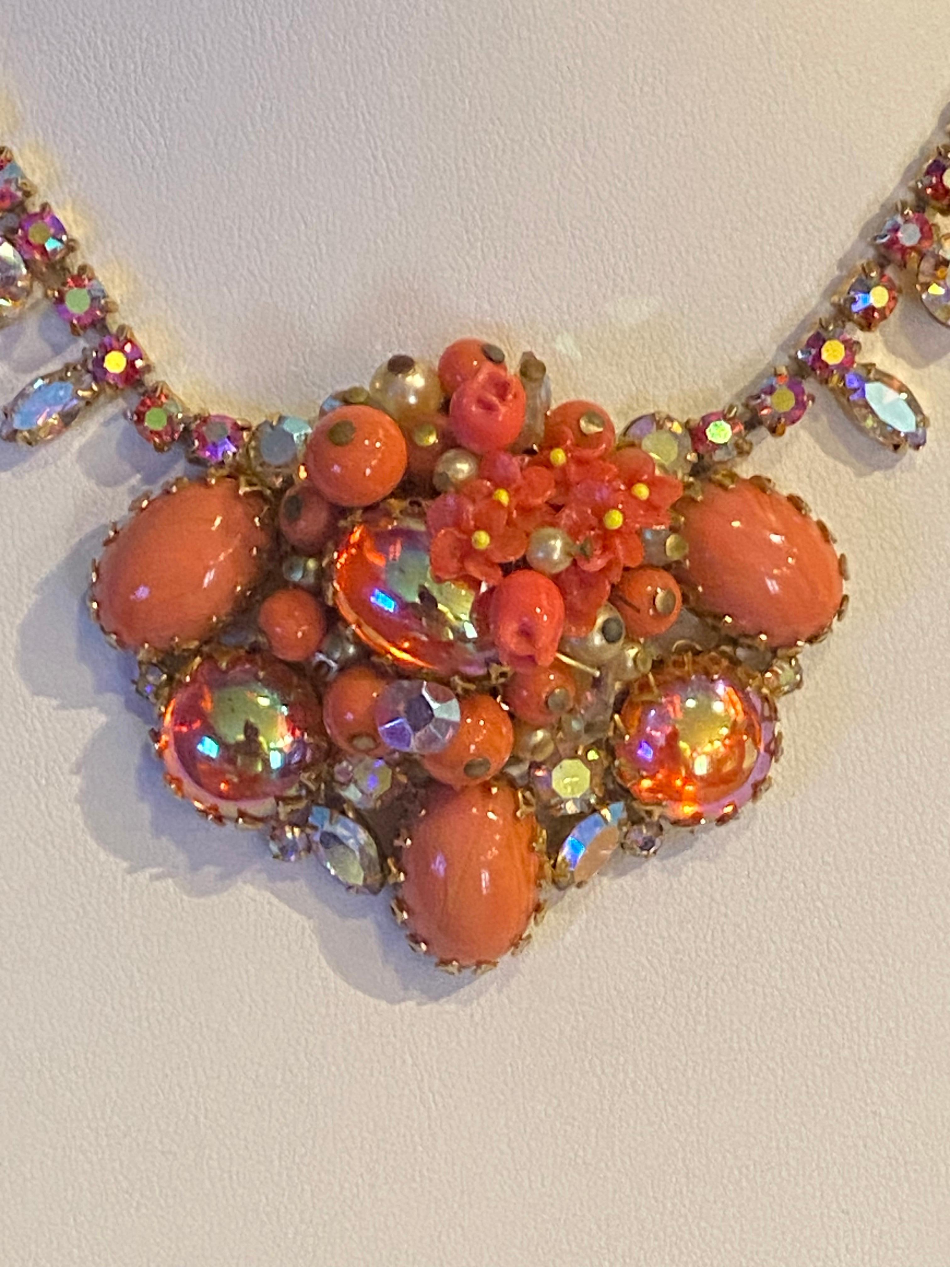 1950s Coral glass bead, flower, cabochon & rhinestoned necklace & earrings For Sale 2