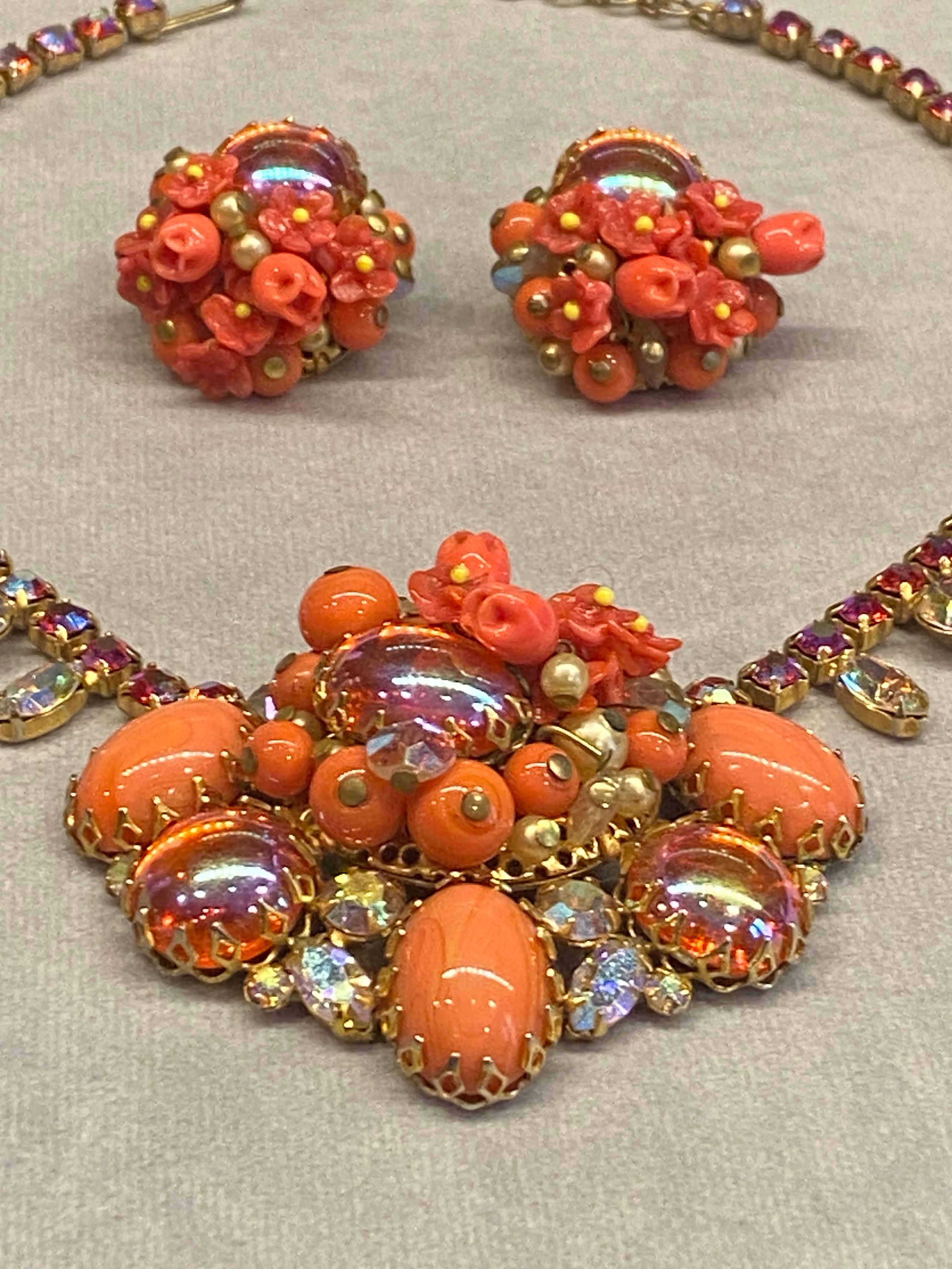 1950s Coral glass bead, flower, cabochon & rhinestoned necklace & earrings For Sale 3