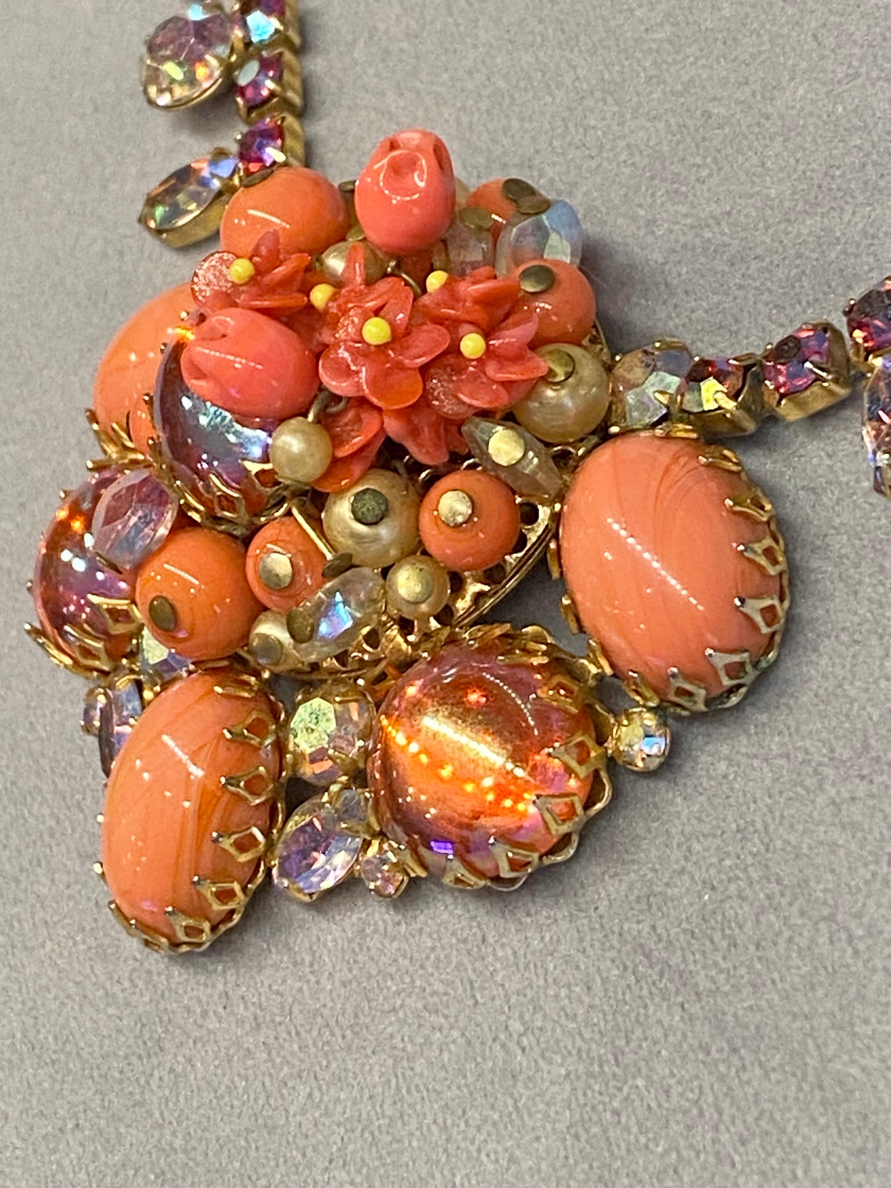 1950s Coral glass bead, flower, cabochon & rhinestoned necklace & earrings For Sale 4
