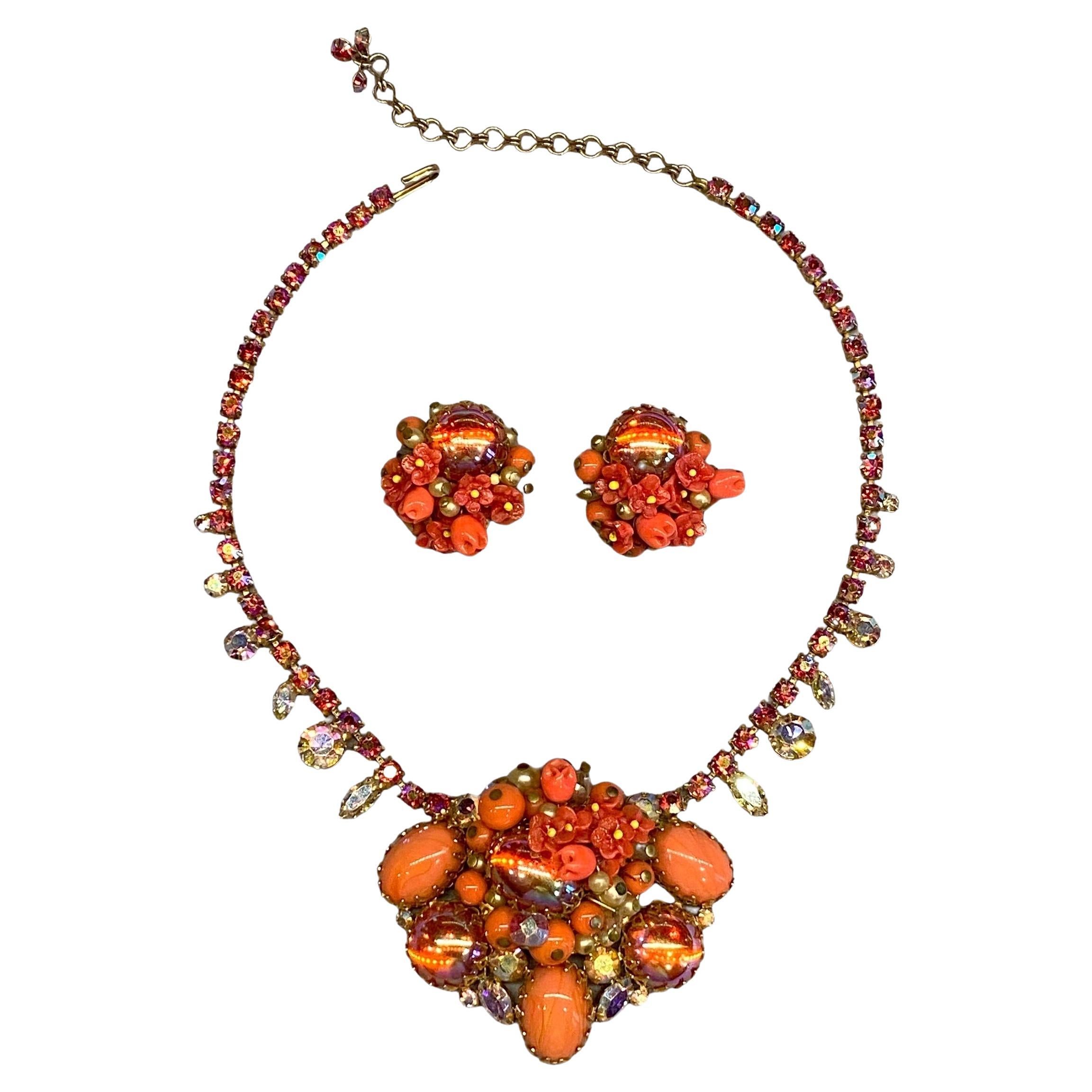 1950s Coral glass bead, flower, cabochon & rhinestoned necklace & earrings For Sale