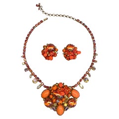 1950s Coral glass bead, flower, cabochon & rhinestoned necklace & earrings