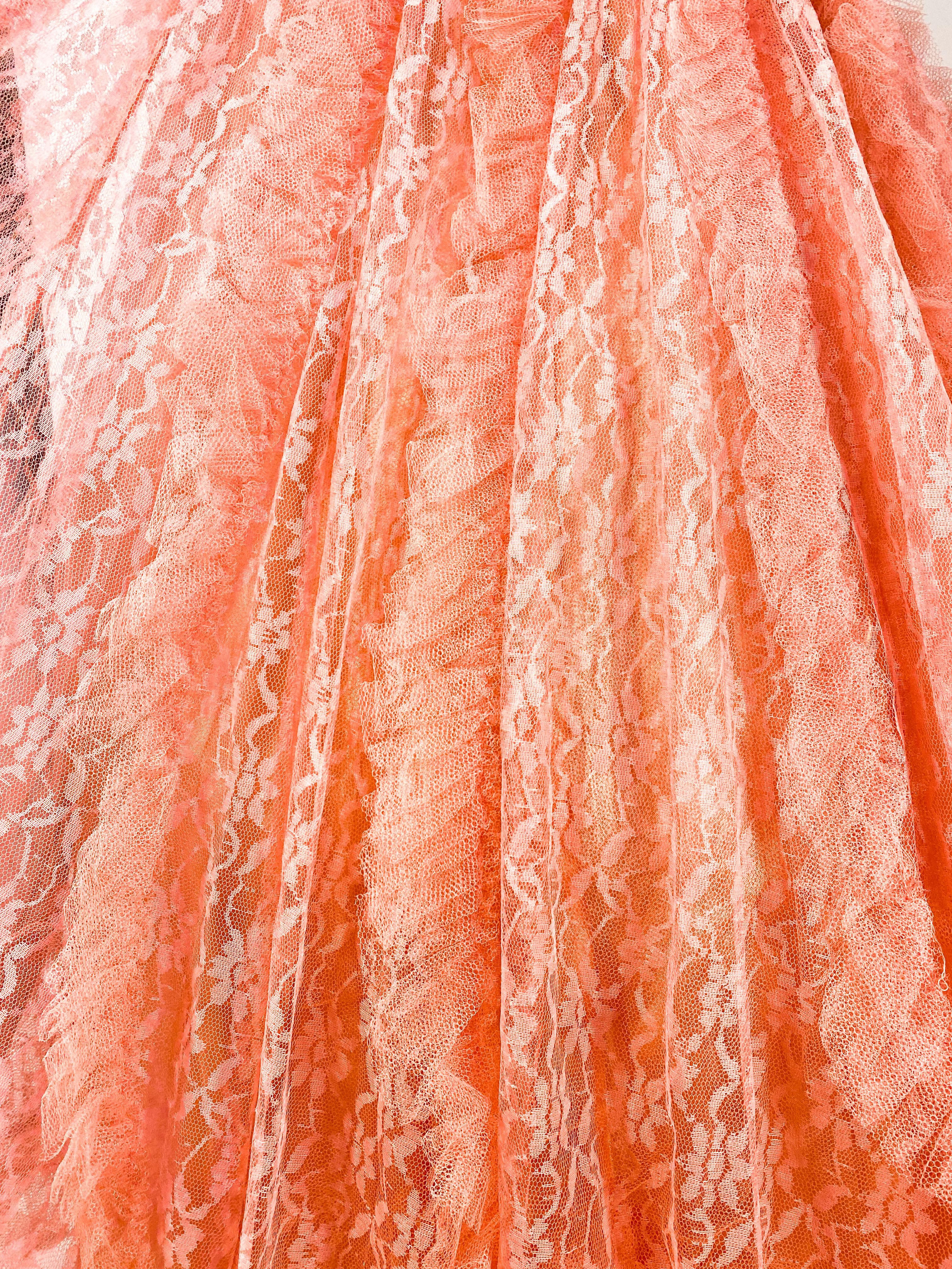 Pink 1950s Coral Lace and Tulle Evening Dress/ Ball Gown