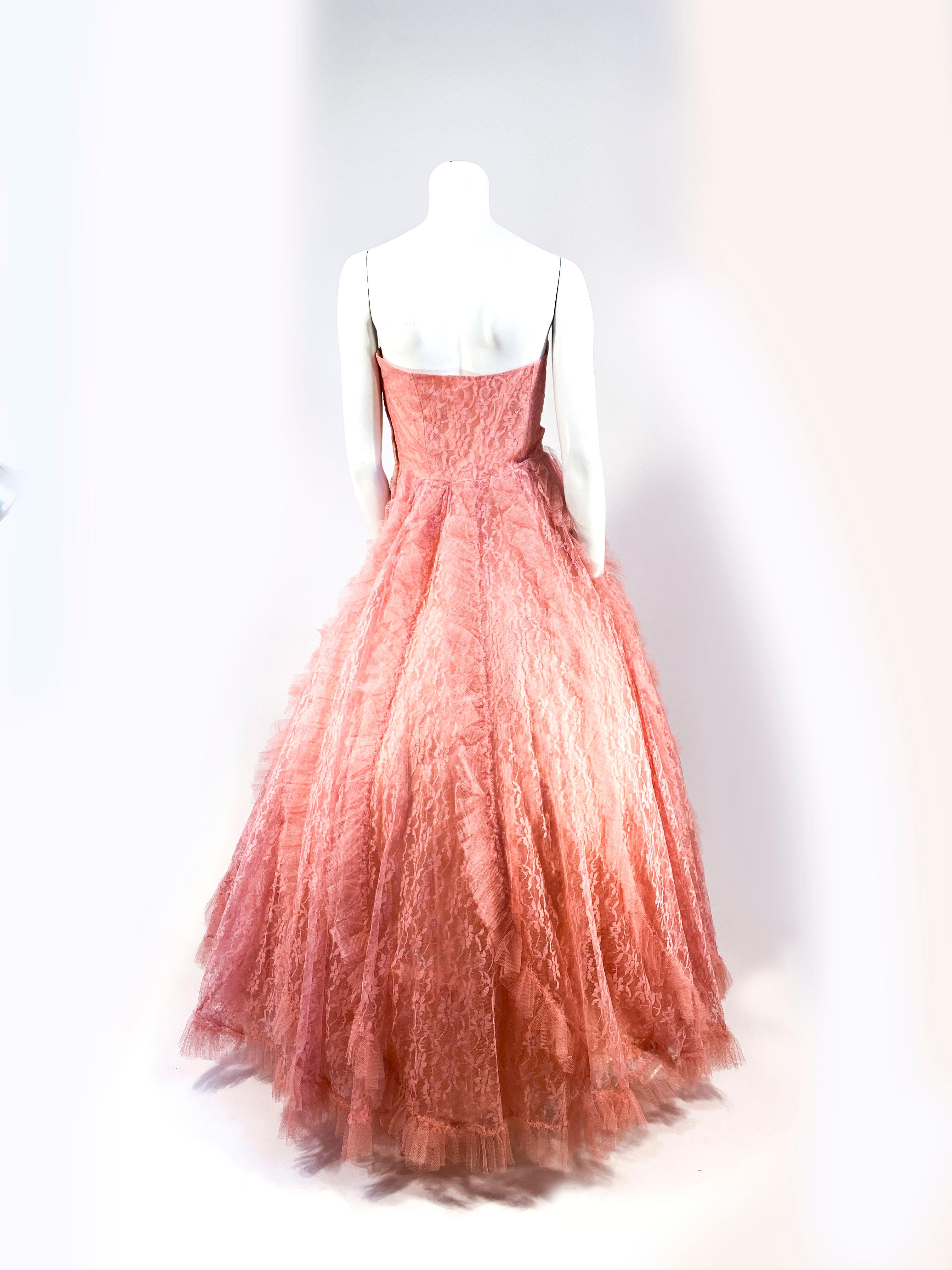1950s Coral Lace and Tulle Evening Dress/ Ball Gown 1