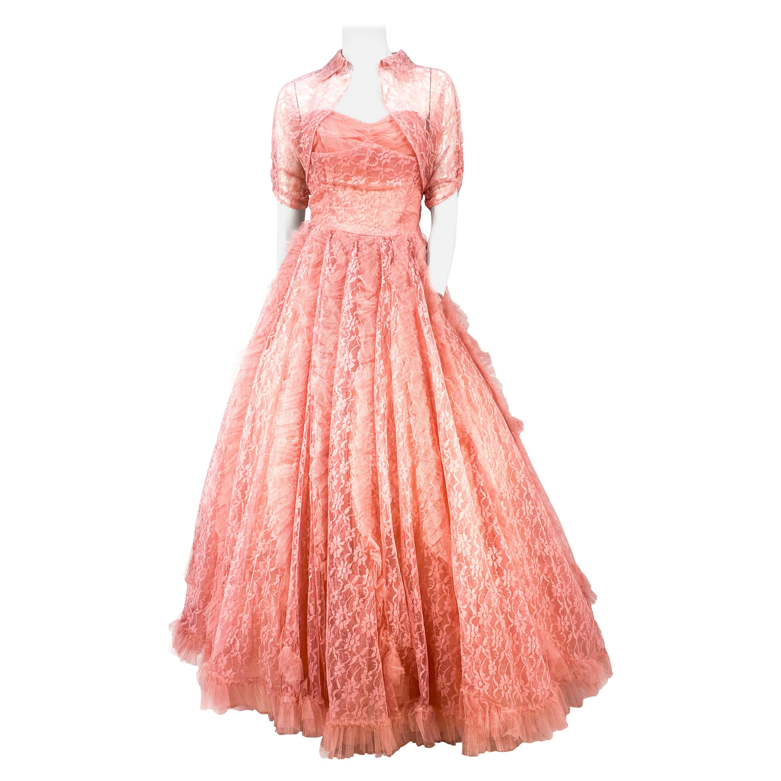 1950s Coral Lace and Tulle Evening Dress/ Ball Gown