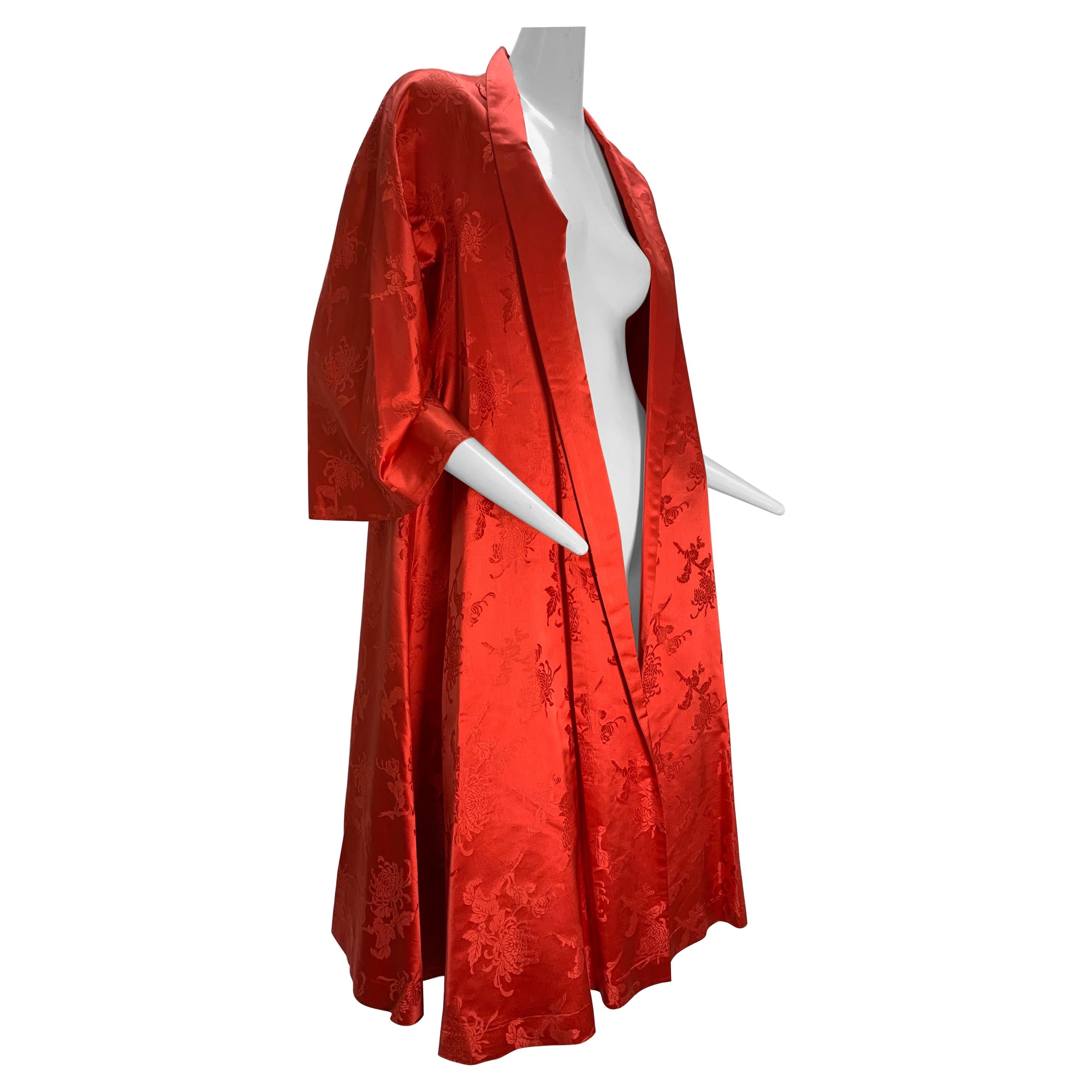1950s Coral Silk Jacquard Hong Kong Swing Coat w/ Shawl Collar 