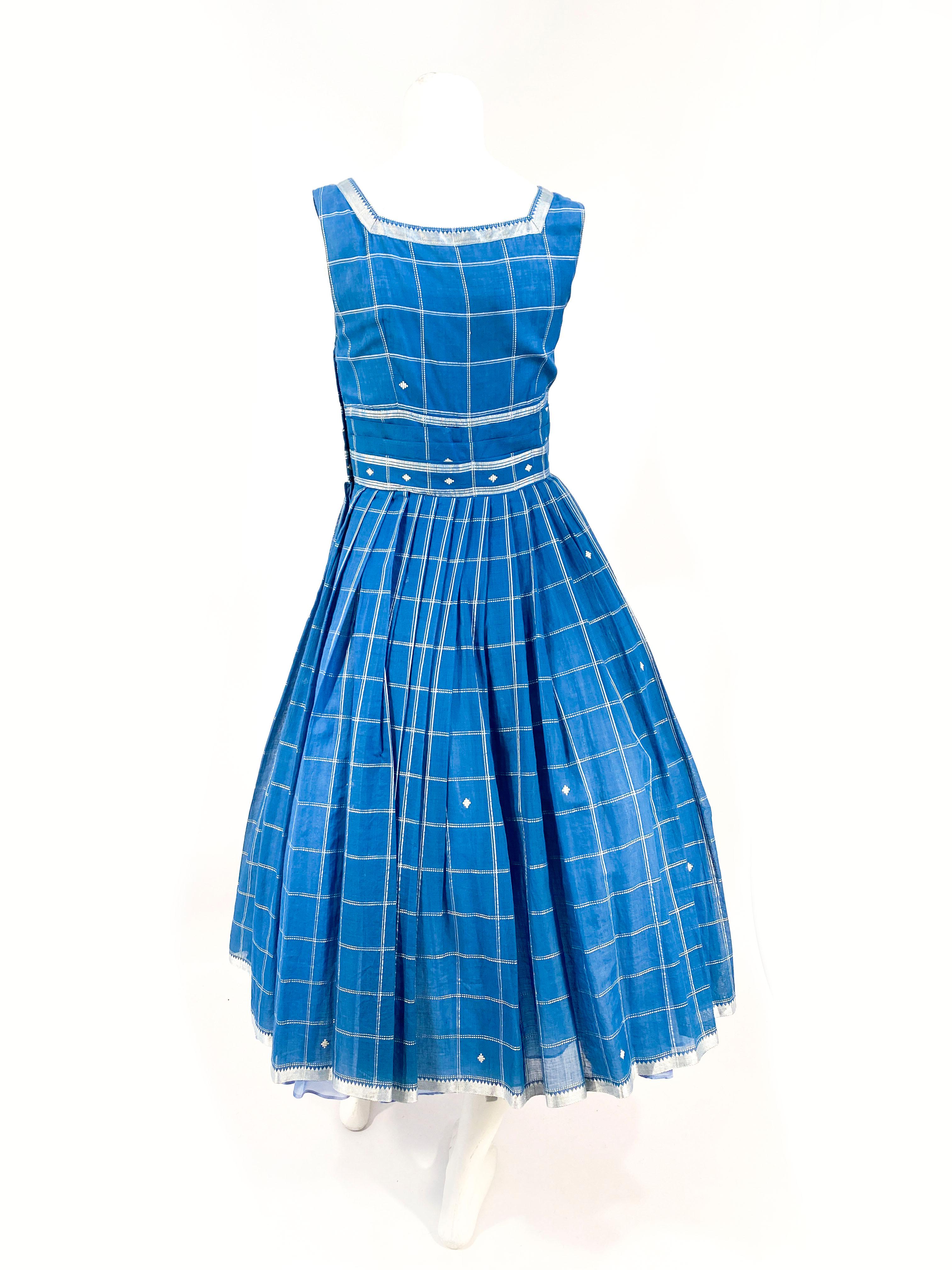 1950s Cornflower Blue Day Dress with Silver Treading Accents In Good Condition In San Francisco, CA