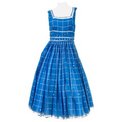 1950s Cornflower Blue Day Dress with Silver Treading Accents