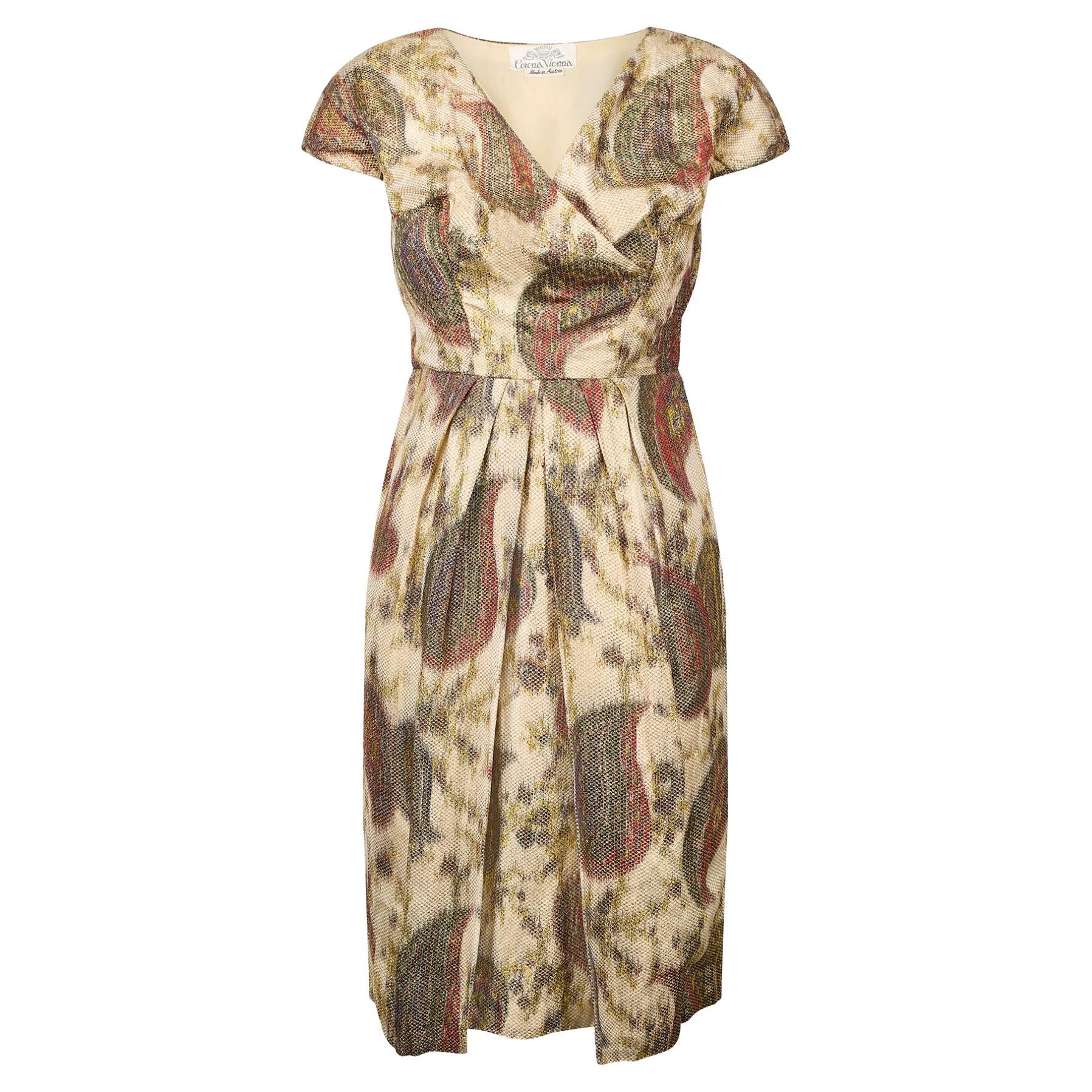 1950s Corona Vienna Gold Green and Red Paisley Lame Dress