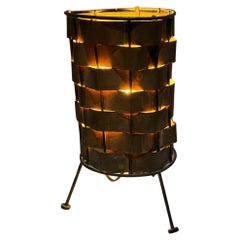 1950s Corrugated Copper Patchwork Table Lamp Black Iron Weave on Tripod Base