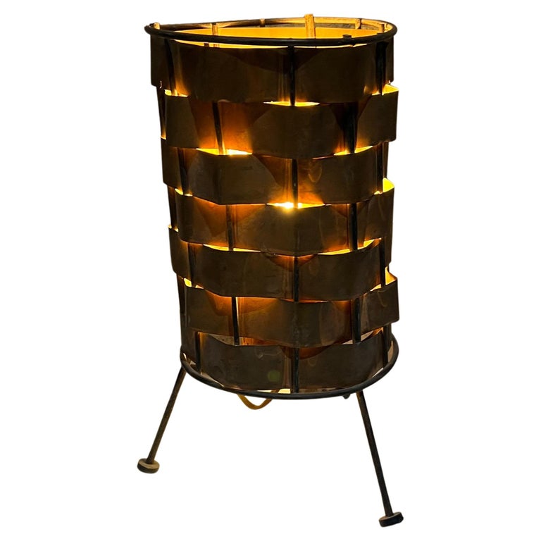 1950s Corrugated Copper Patchwork Table Lamp Black Iron Weave on Tripod Base For Sale
