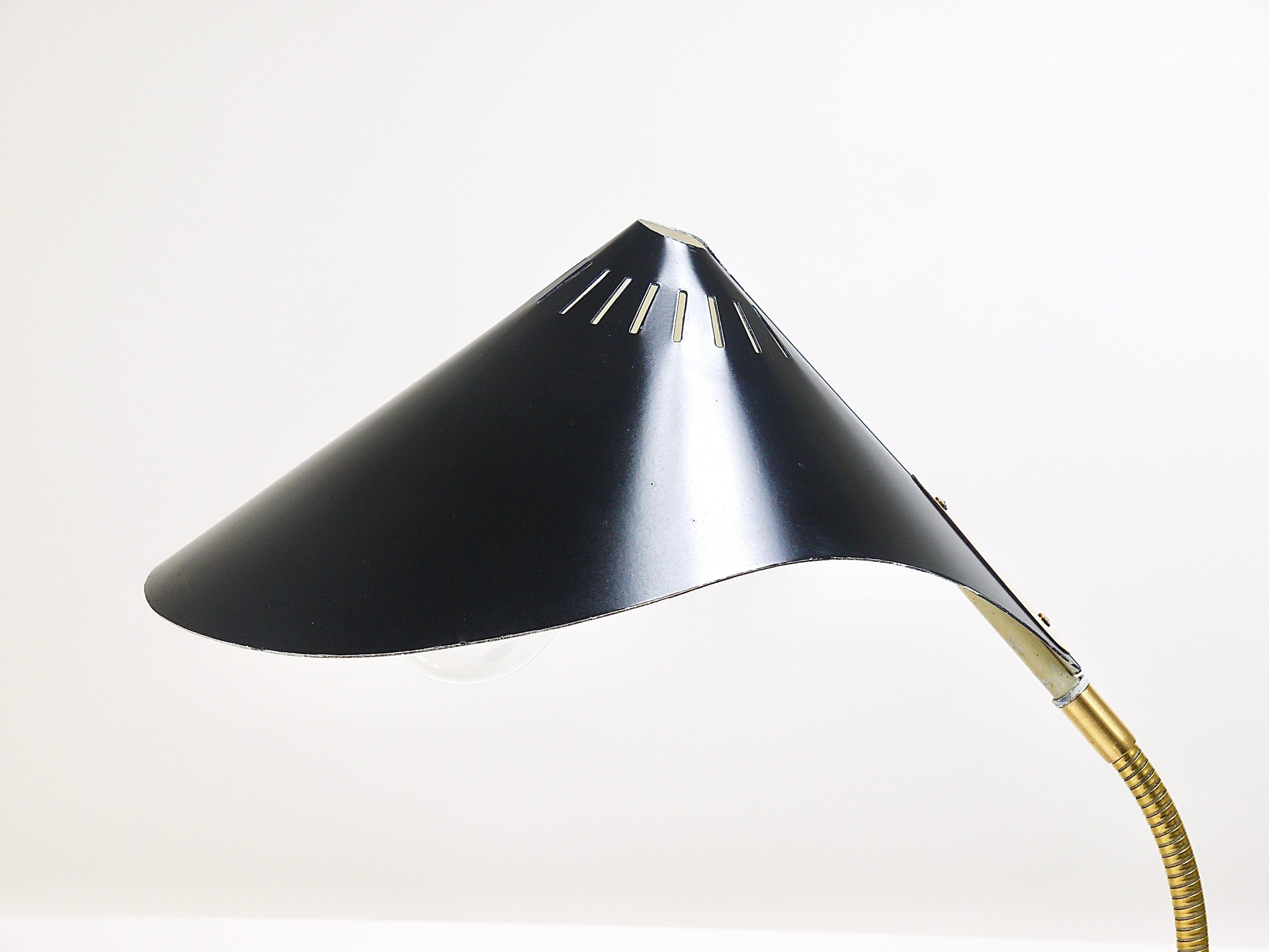 German 1950s Cosack Cobra Black Mid-Century Brass Desk or Table Lamp, Stilnovo Style For Sale
