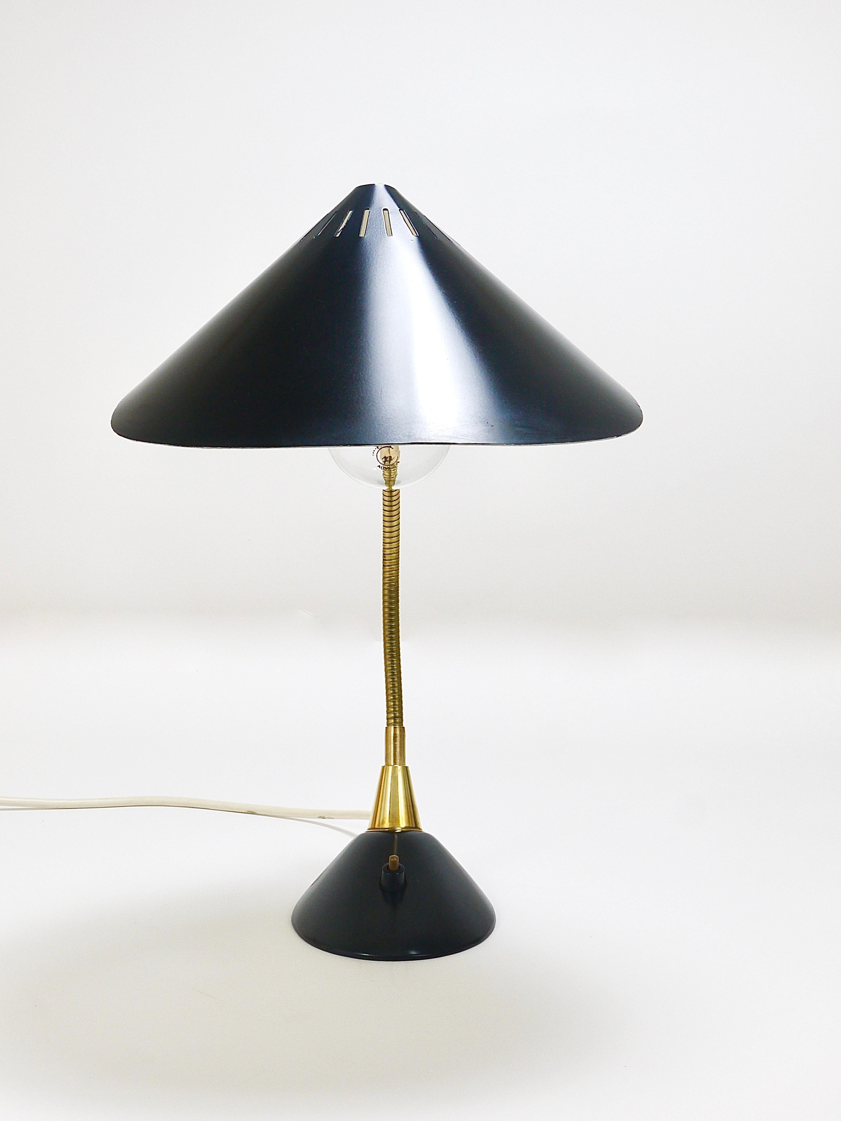 Aluminum 1950s Cosack Cobra Black Mid-Century Brass Desk or Table Lamp, Stilnovo Style For Sale