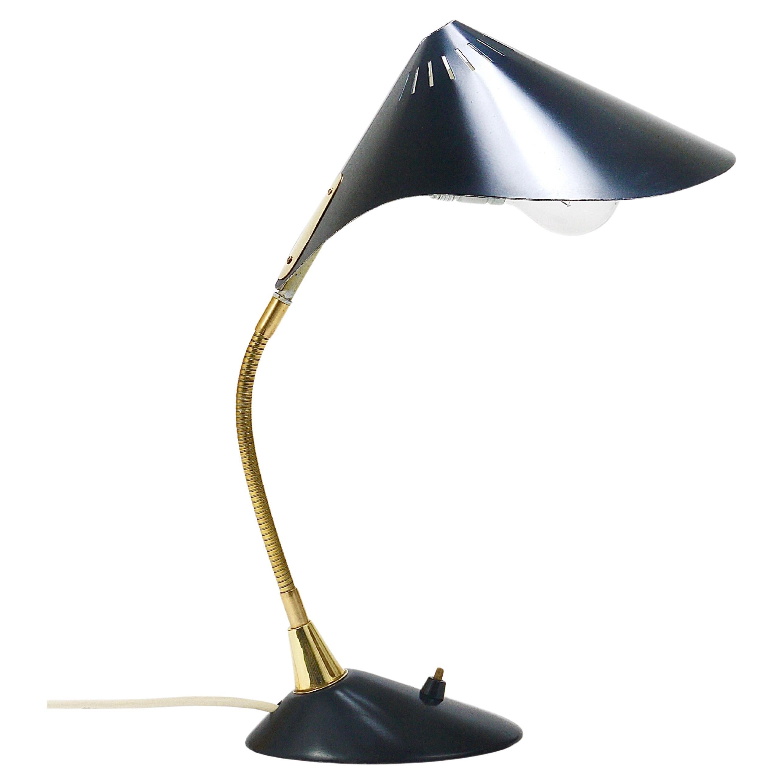 1950s Cosack Cobra Black Mid-Century Brass Desk or Table Lamp, Stilnovo Style For Sale