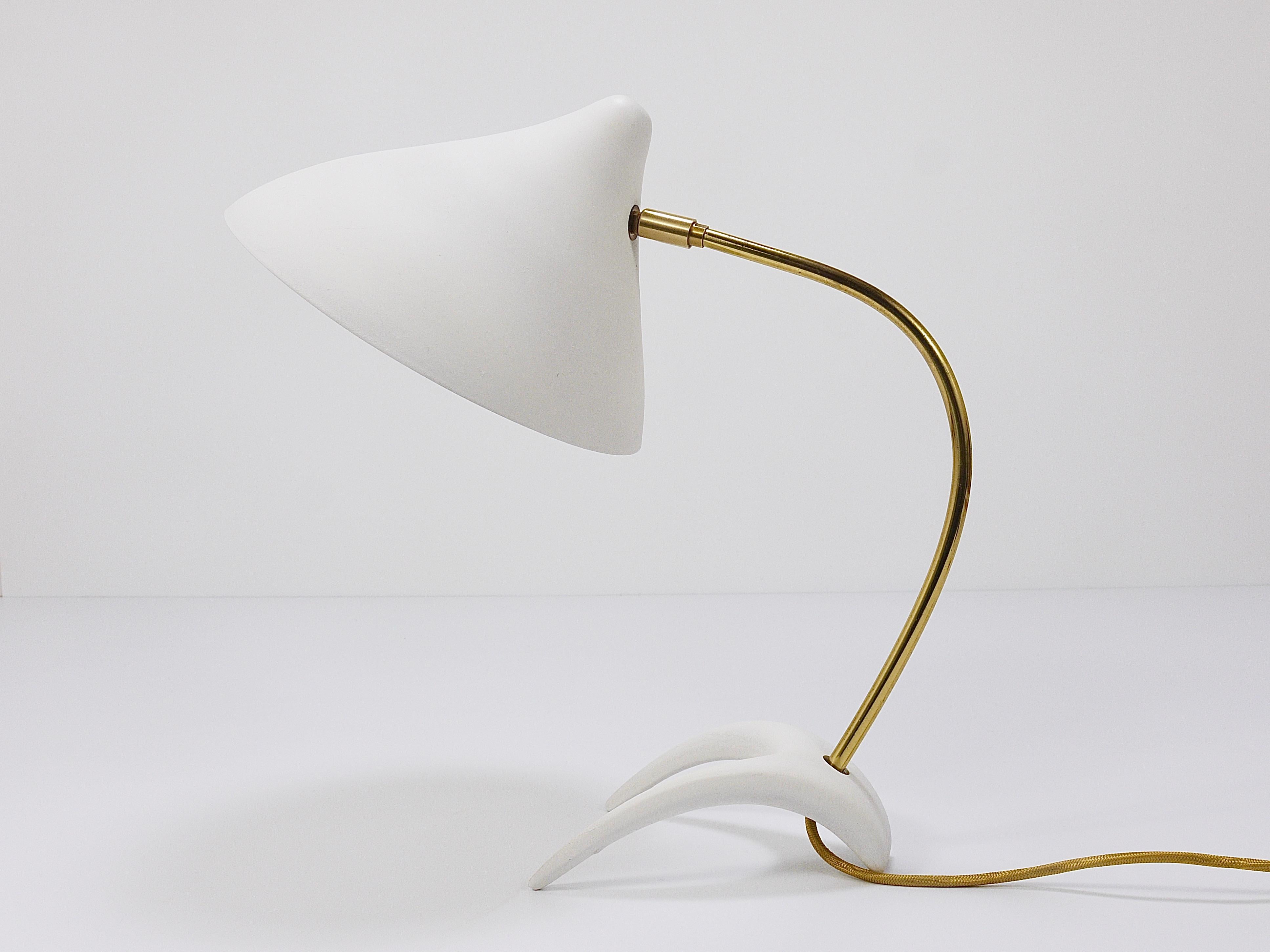Mid-Century Modern 1950s Louis Kalff Style White Mid-Century Brass Desk or Table Lamp For Sale
