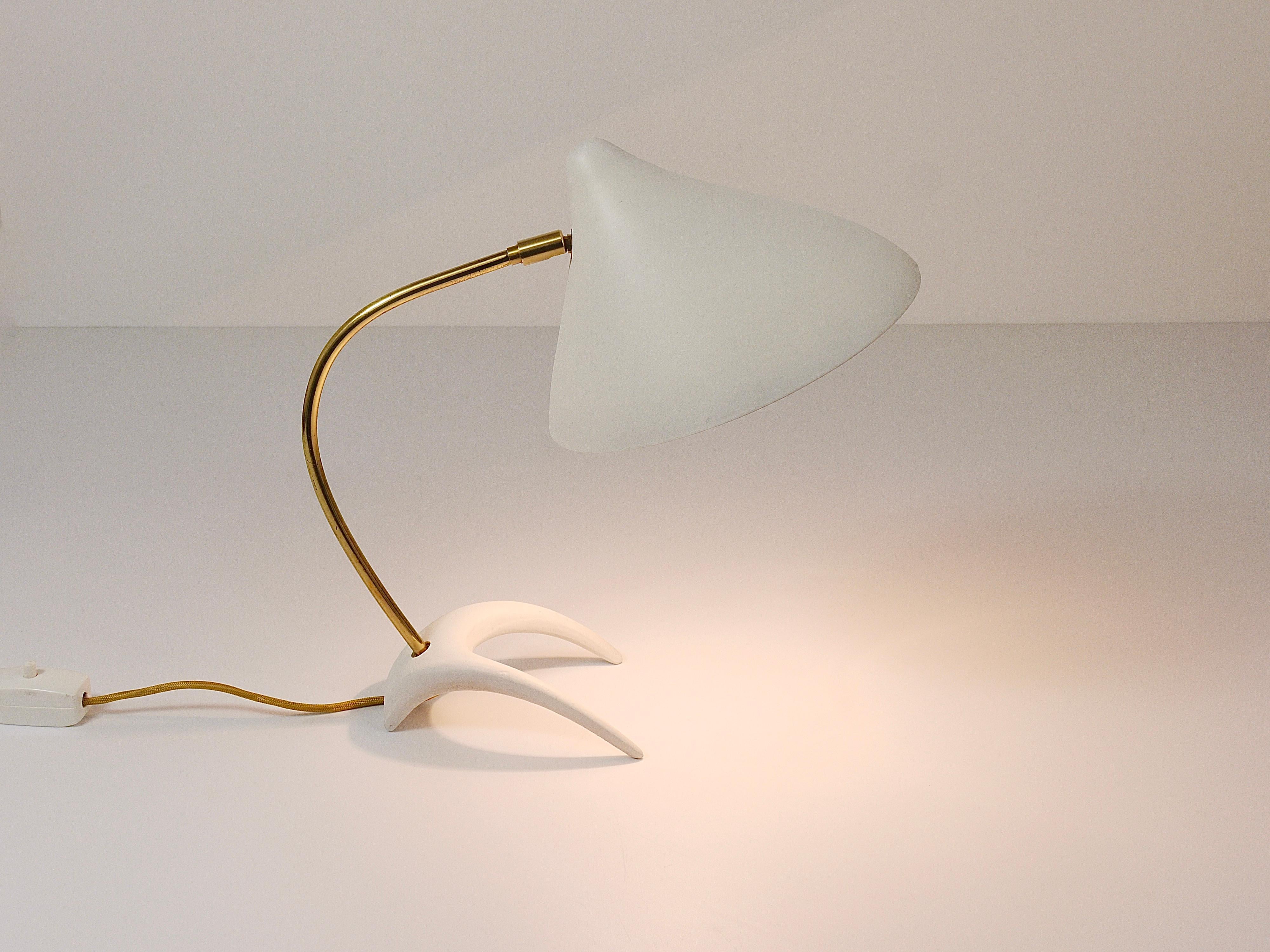 German 1950s Louis Kalff Style White Mid-Century Brass Desk or Table Lamp For Sale