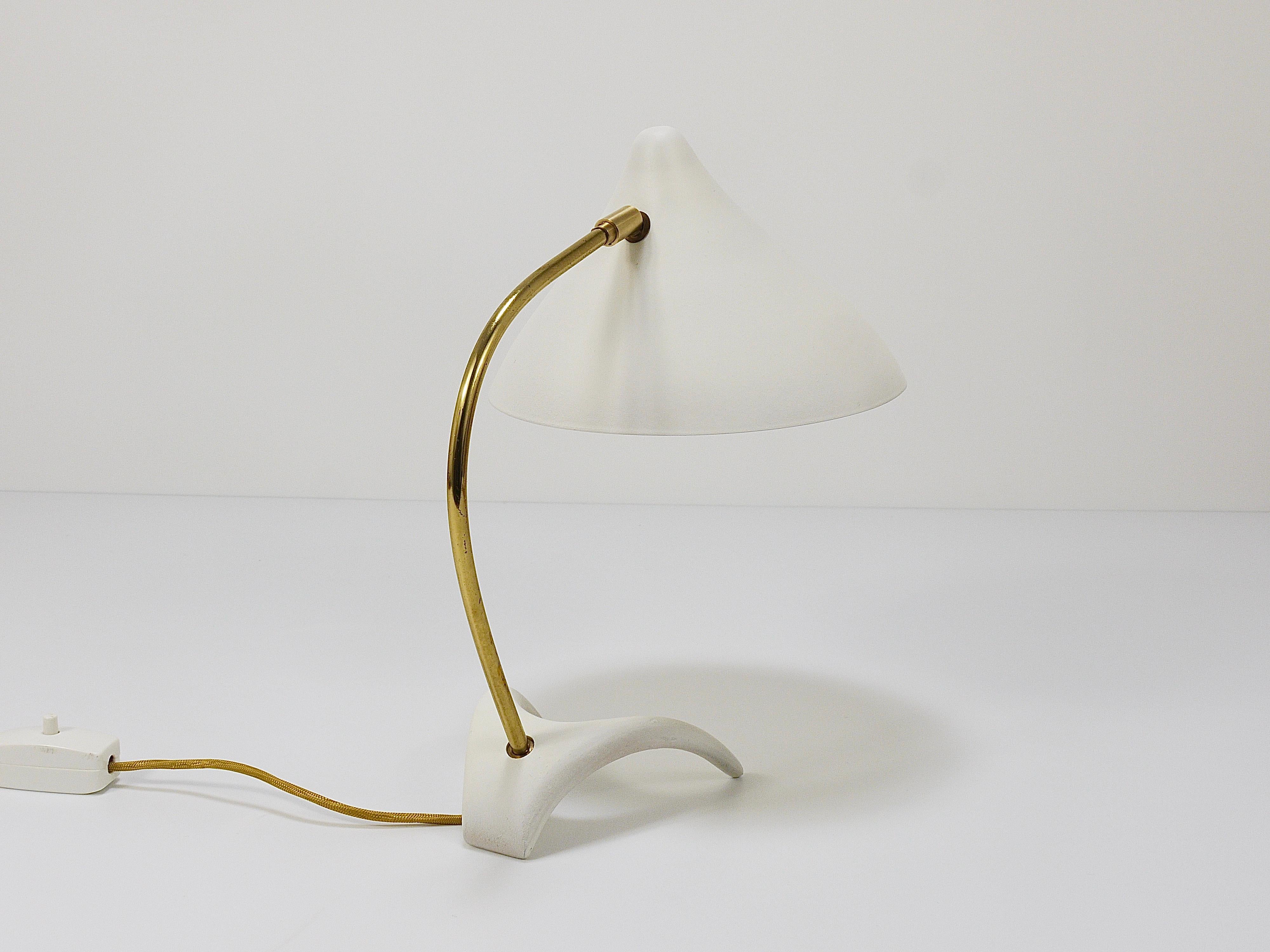 Aluminum 1950s Louis Kalff Style White Mid-Century Brass Desk or Table Lamp For Sale