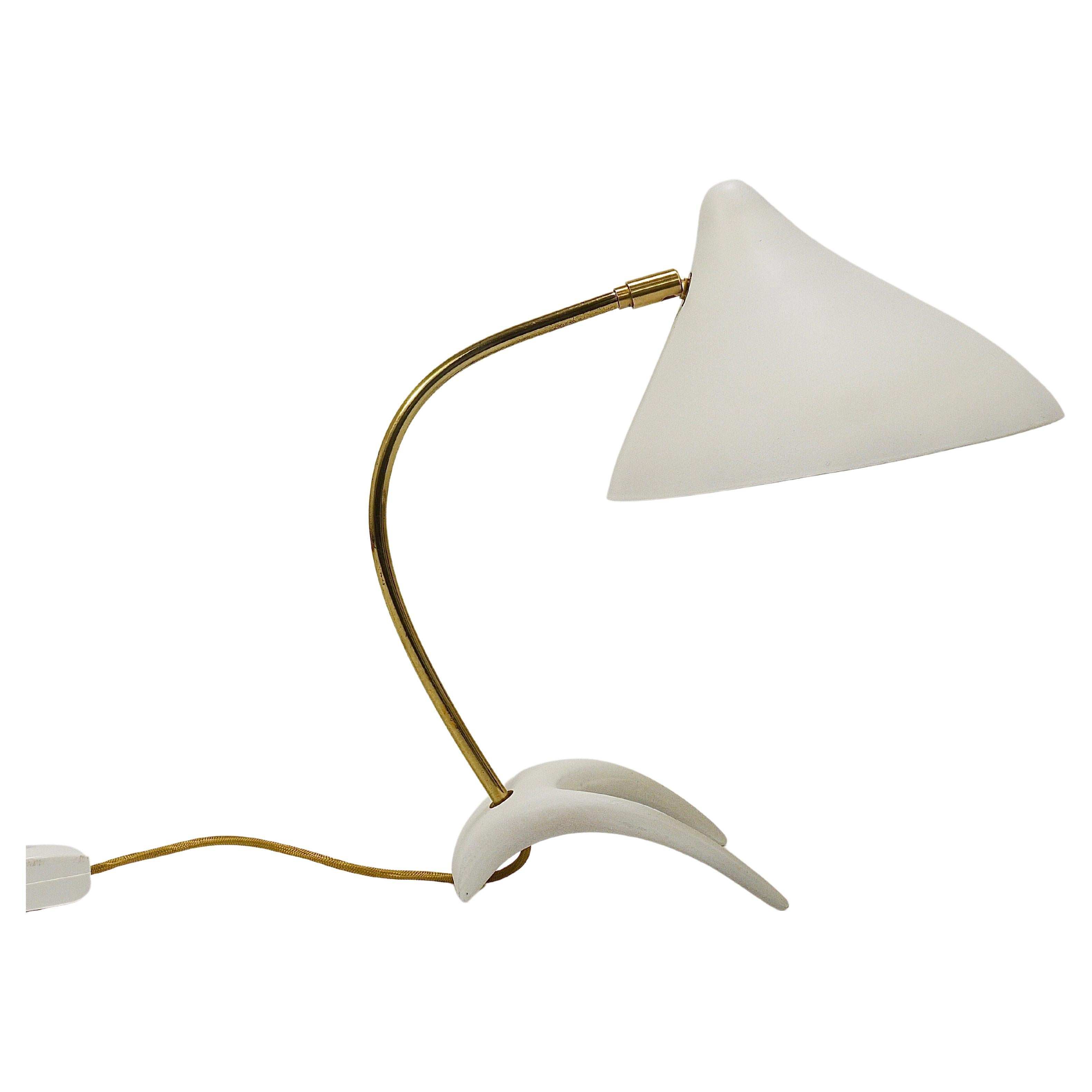 1950s Louis Kalff Style White Mid-Century Brass Desk or Table Lamp For Sale