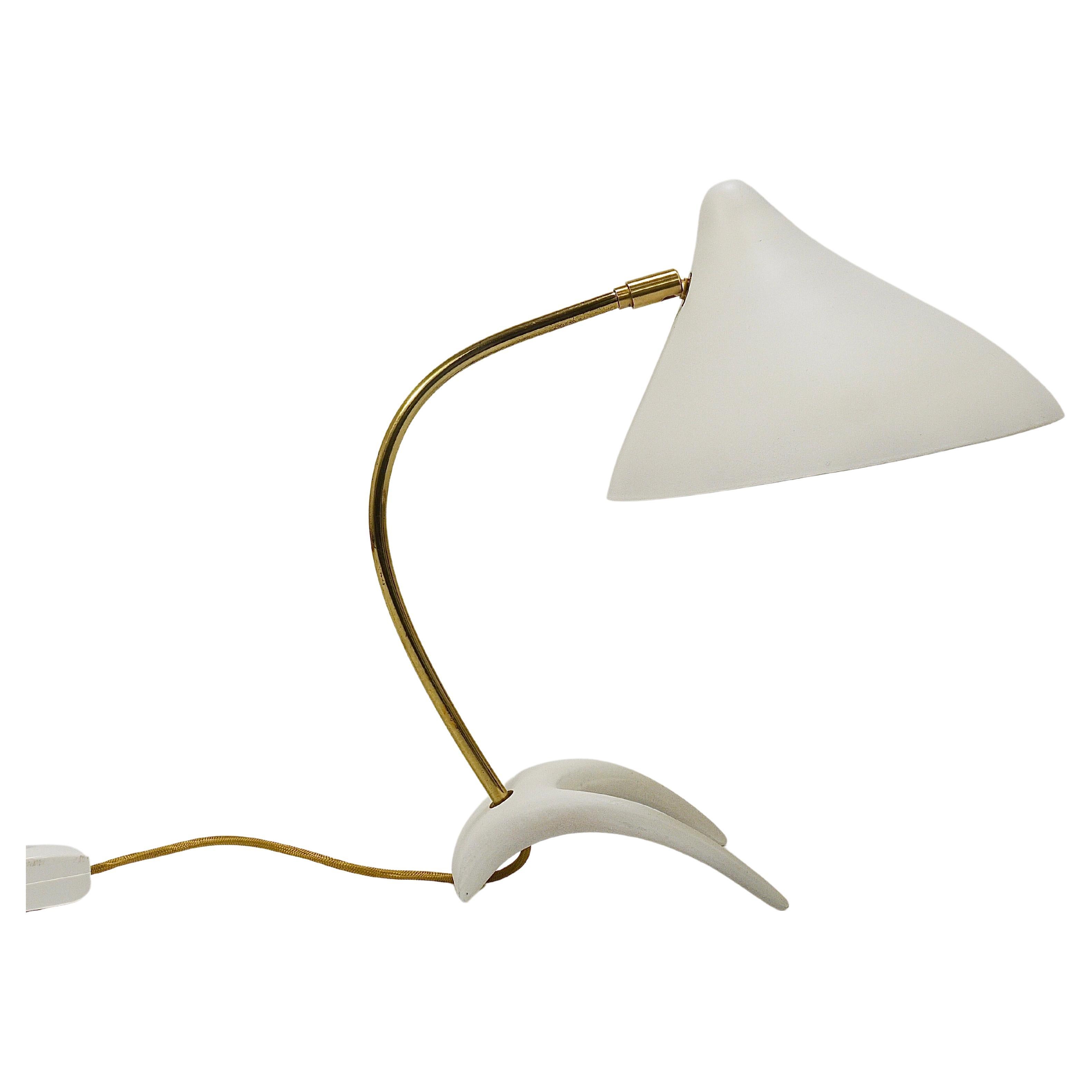 1950s Louis Kalff Style White Mid-Century Brass Desk or Table Lamp