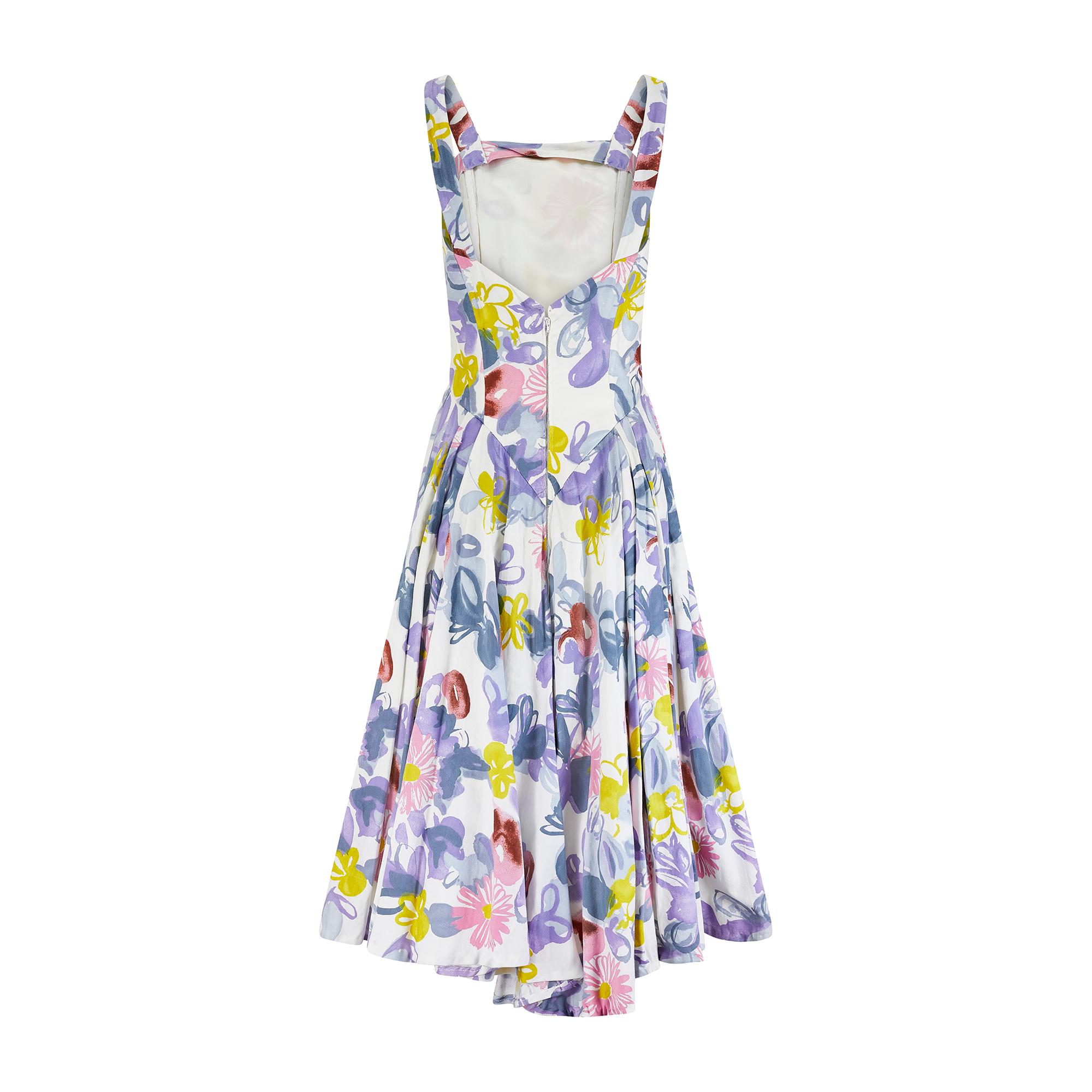 Gray 1950s Cotton Abstract Floral Print Sundress For Sale