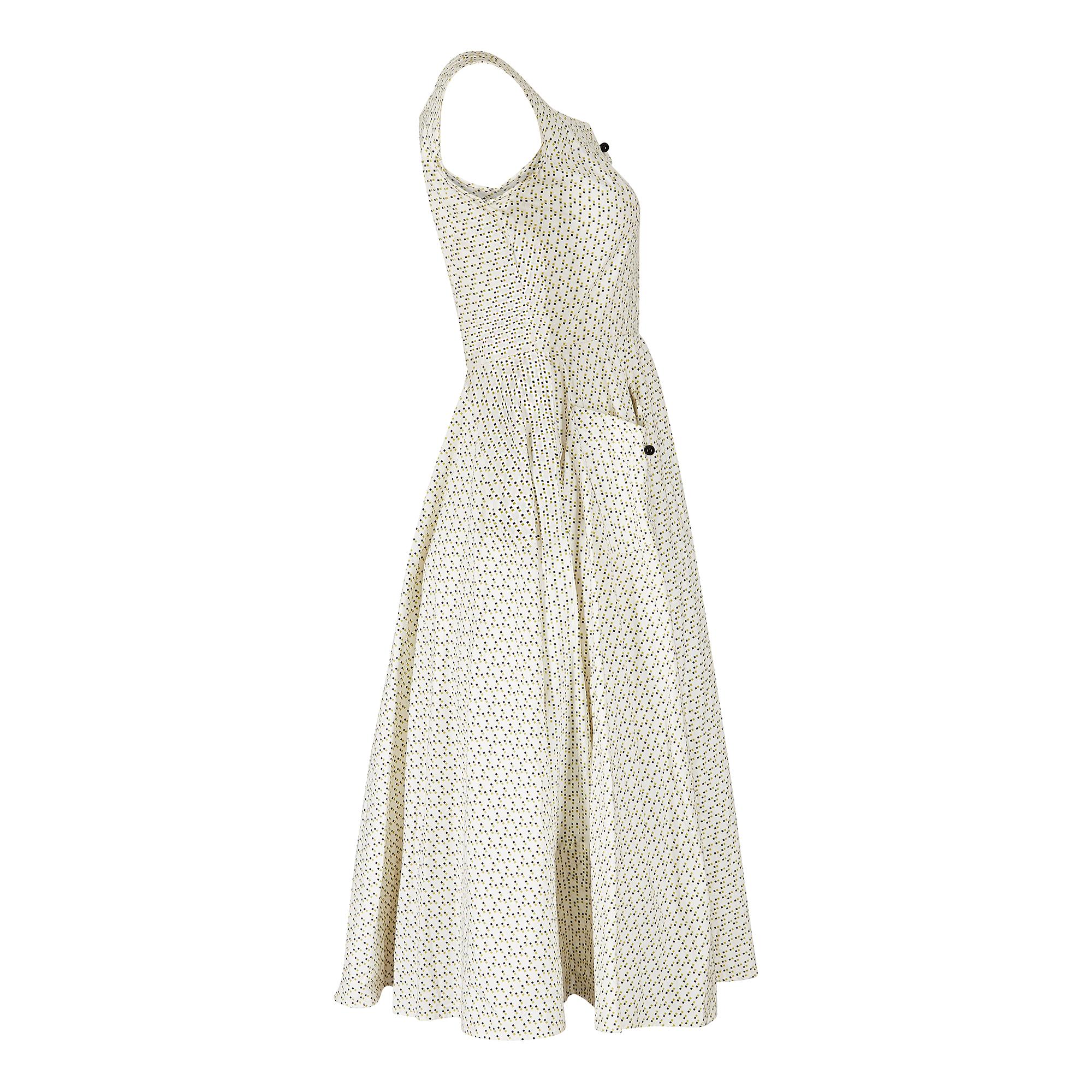 Abstraktes Kleid aus Baumwolle 1950er Jahre mit abstraktem Druck (Beige) im Angebot