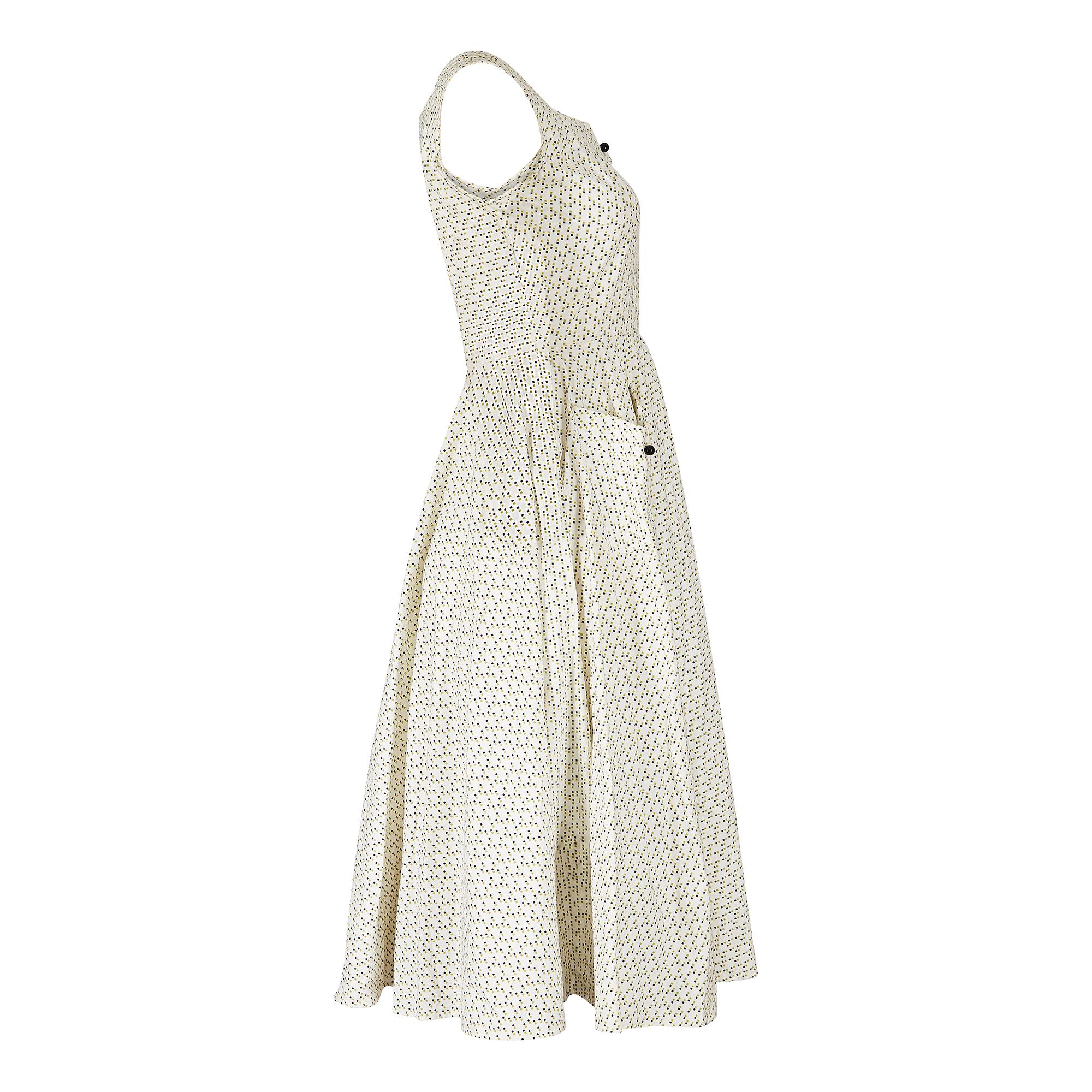 Beige 1950s Cotton Abstract Print Dress For Sale