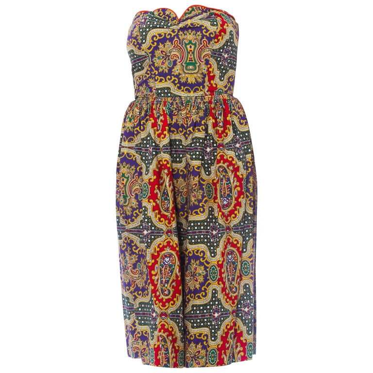 1950S Cotton Indian Paisley Strapless Dress For Sale at 1stDibs