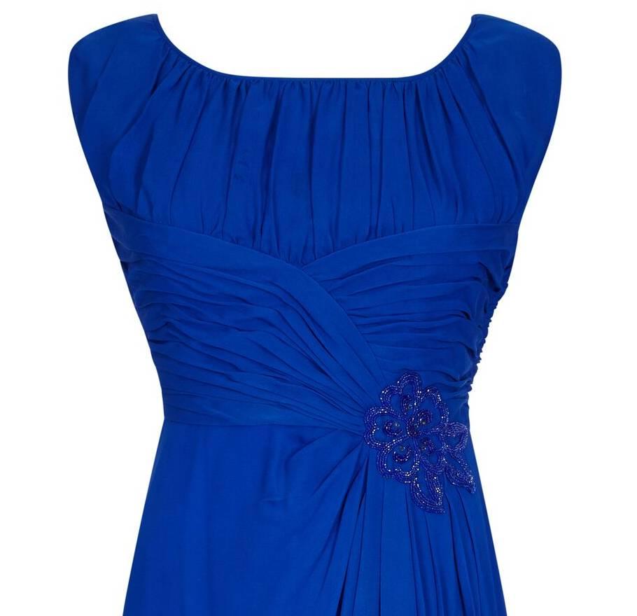 1950s Couture Cobalt Blue Silk Chiffon Evening Dress With Matching Slip In Excellent Condition For Sale In London, GB