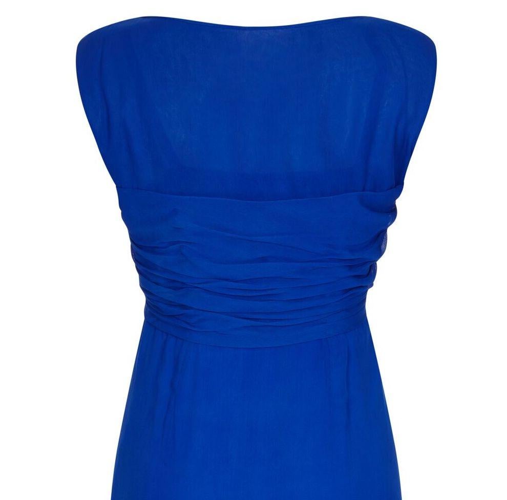Women's 1950s Couture Cobalt Blue Silk Chiffon Evening Dress With Matching Slip For Sale