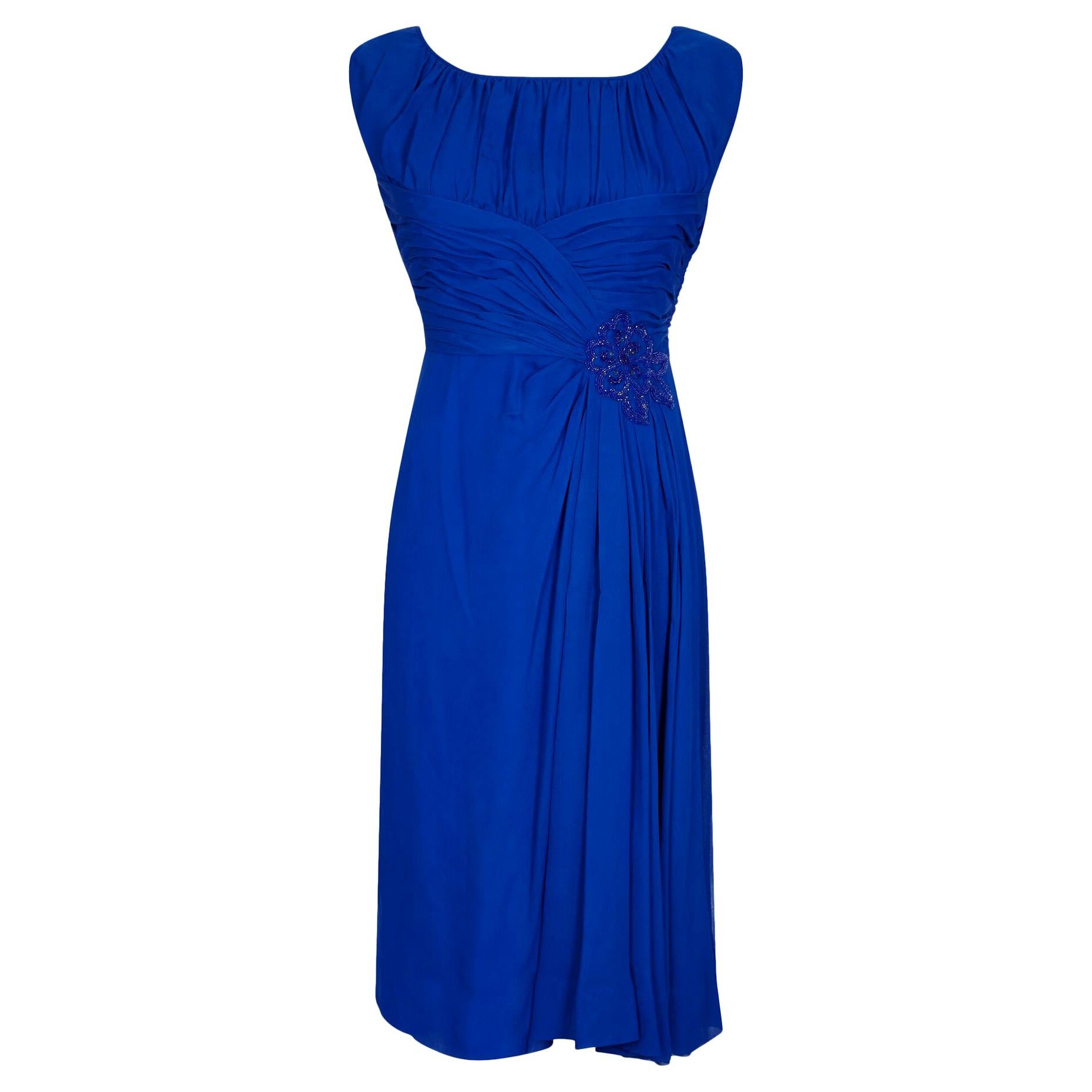 1950s Couture Cobalt Blue Silk Chiffon Evening Dress With Matching Slip