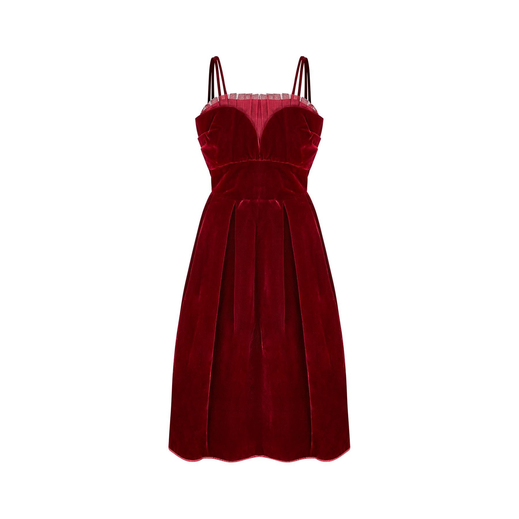 Original 1950s velvet burgundy red cocktail dress with balconette bustline. This is a such a feminine and gamine example of evening wear from the period. The striking feature is the sheer opulence and luxury of its colour; a rich, deep red in the