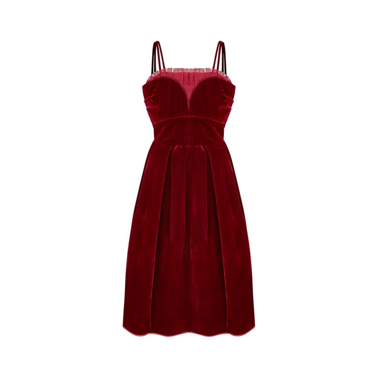 1950s Couture Deep Red Velvet and Tulle Evening Dress For Sale at 1stDibs