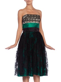 1950'S Kelly Green & Black Silk Duchess Satin Chantilly Lace Strapless Cocktail