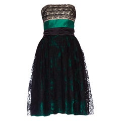 Retro 1950'S Kelly Green & Black Silk Duchess Satin Chantilly Lace Strapless Cocktail