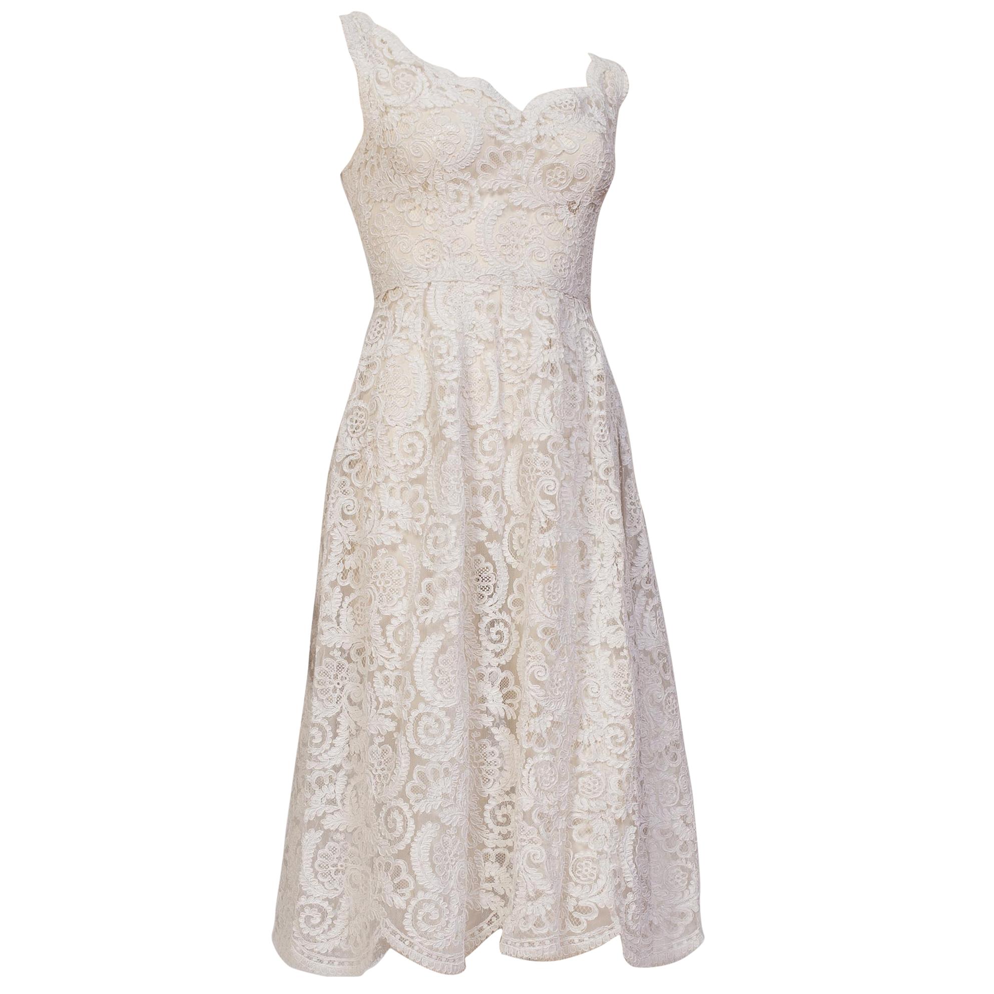 1950S White Couture Grade Lace Dress With Exceptional Hand Finishing