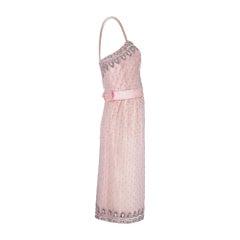 1950s Couture Pink Beaded and Sequin Dress with Mesh Overlay