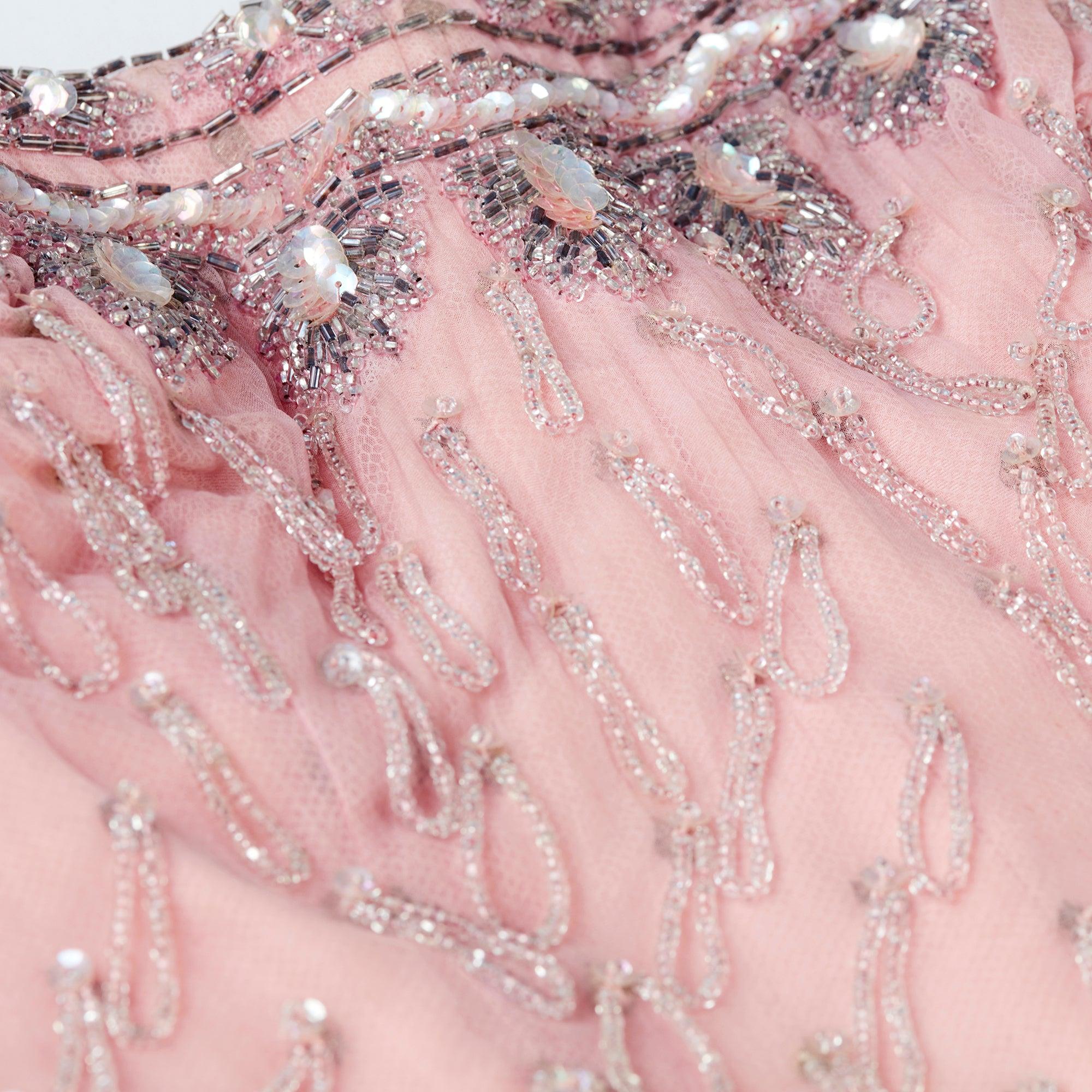 1950s Couture Pink Beaded and Sequin Dress with Mesh Overlay In Excellent Condition For Sale In London, GB