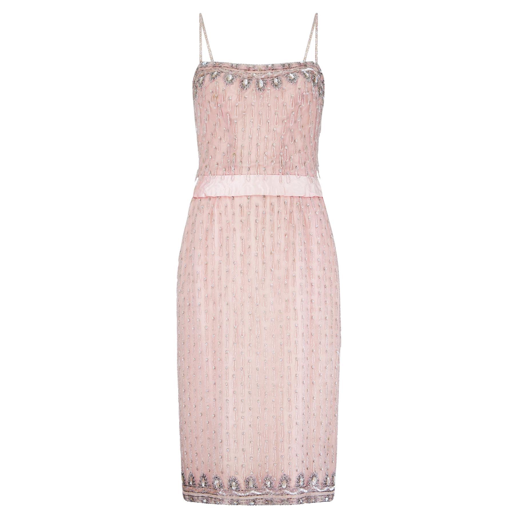 1950s Couture Pink Beaded and Sequin Dress with Mesh Overlay For Sale