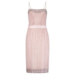 Vintage 1950s Couture Pink Beaded and Sequin Dress with Mesh Overlay