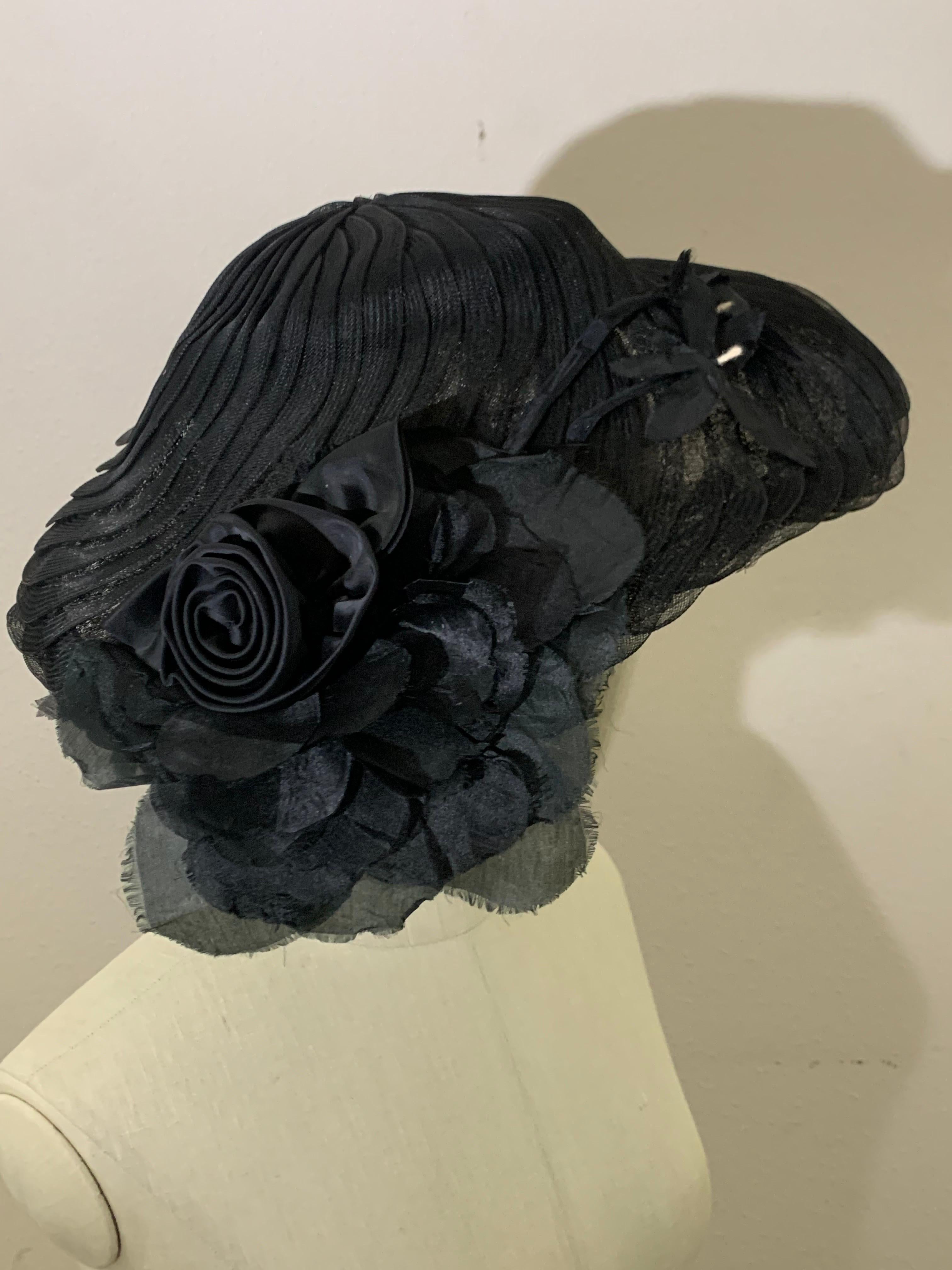 1950s Couture Replica of Paris Black Horsehair Braid Swirl Platter Hat w Flower en vente 7