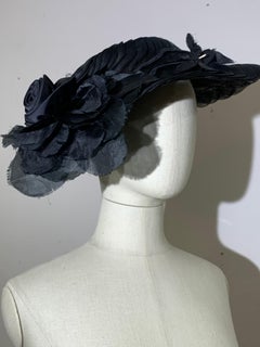 1950s Couture Replica of Paris Black Horsehair Braid Swirl Platter Hat w Flower