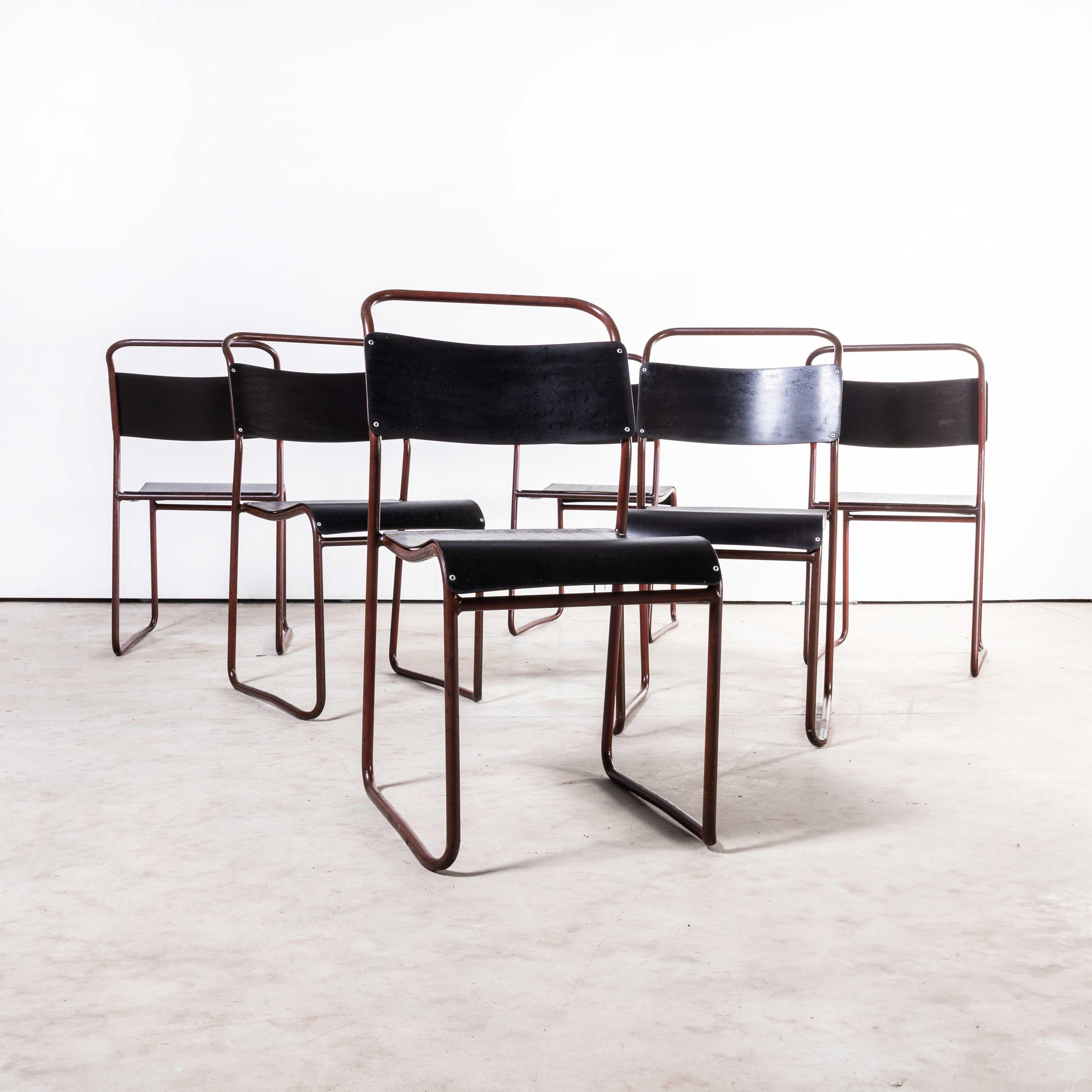 1950’s Cox tubular blood red metal dining chairs – set of six.
1950’s Cox tubular blood red metal dining chairs – set of six. Cox was one of the largest producers of tubular stacking chairs initially developed by the Bauhaus movement. These chairs