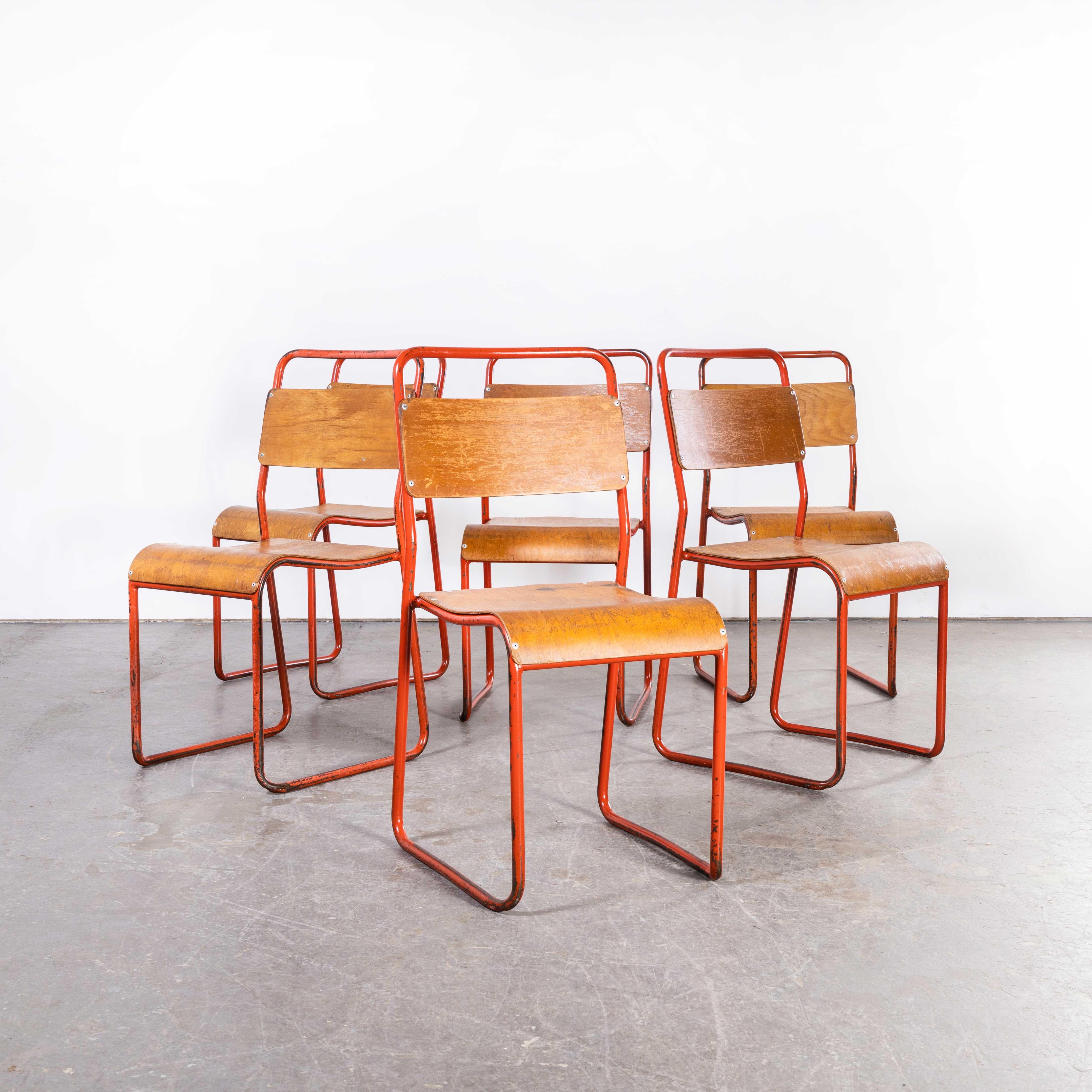 1950’s Cox Tubular Red Metal Dining Chairs – Set Of Six
1950’s Cox Tubular Red Metal Dining Chairs – Set Of Six. Cox was one of the largest producers of tubular stacking chairs initially developed by the Bauhaus movement. These chairs are from the