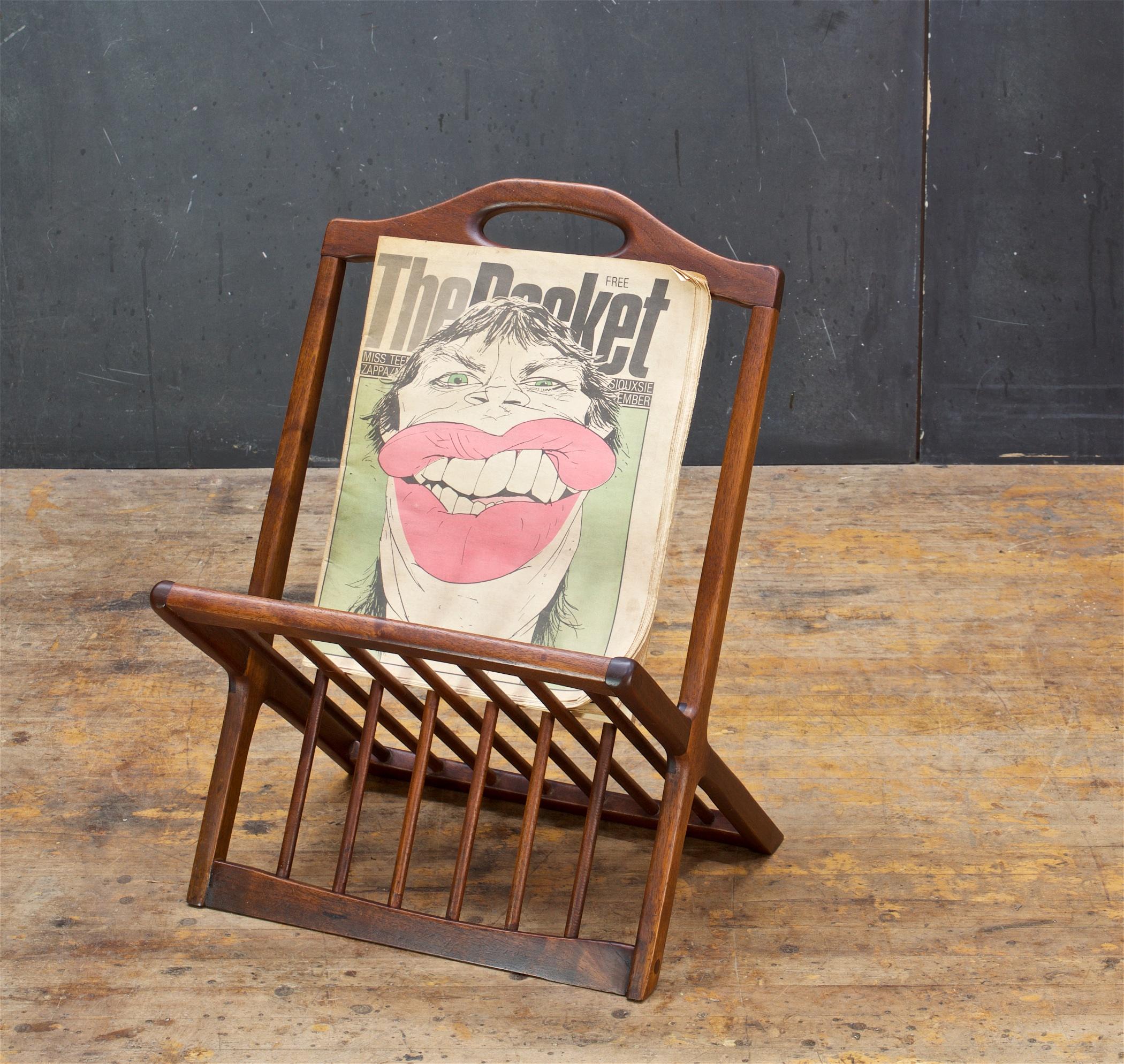 Oiled 1950s Craftsman Architect Walnut Spoked and Somersaulting Magazine Paper Rack   For Sale