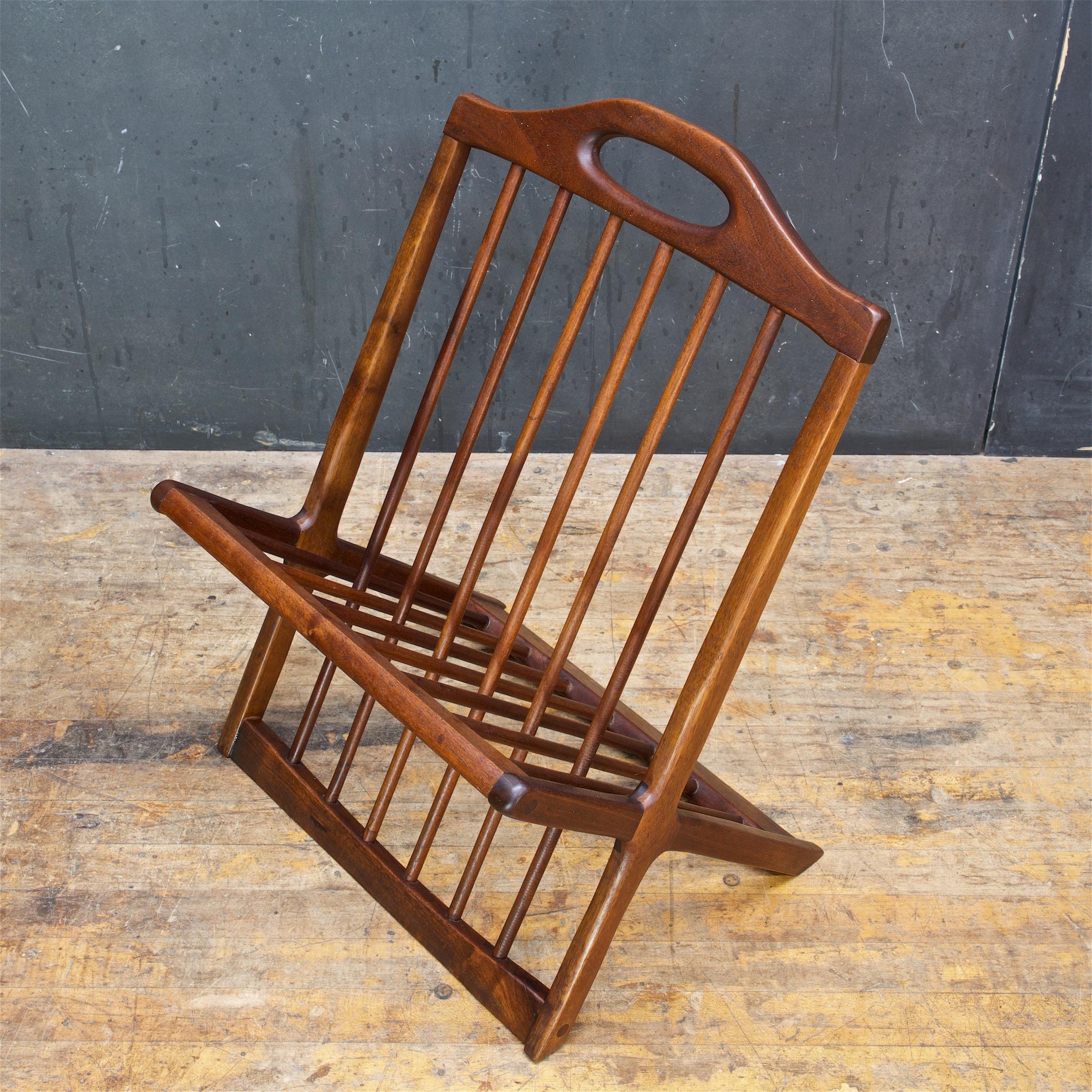 Mid-20th Century 1950s Craftsman Architect Walnut Spoked and Somersaulting Magazine Paper Rack   For Sale
