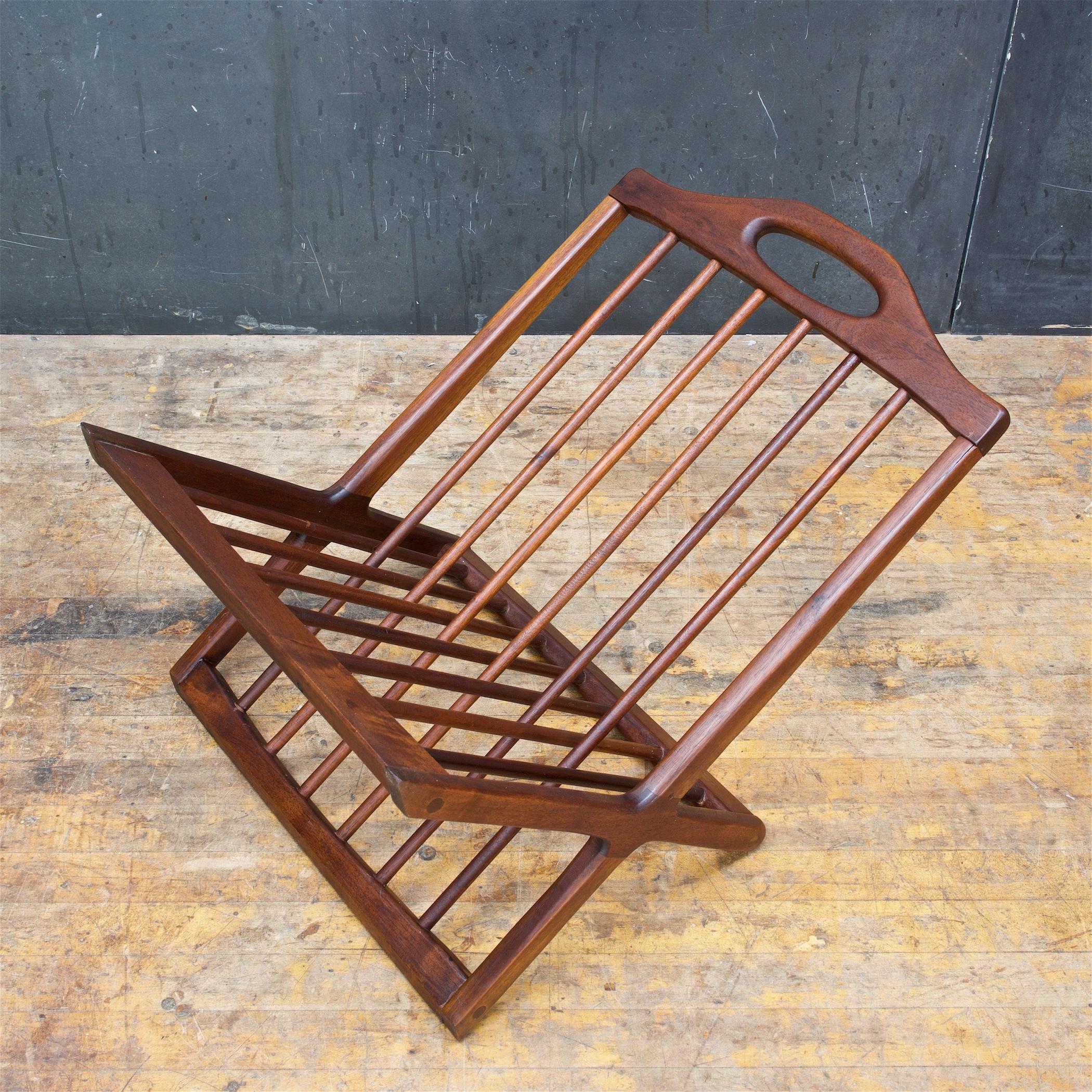 1950s Craftsman Architect Walnut Spoked and Somersaulting Magazine Paper Rack   For Sale 1