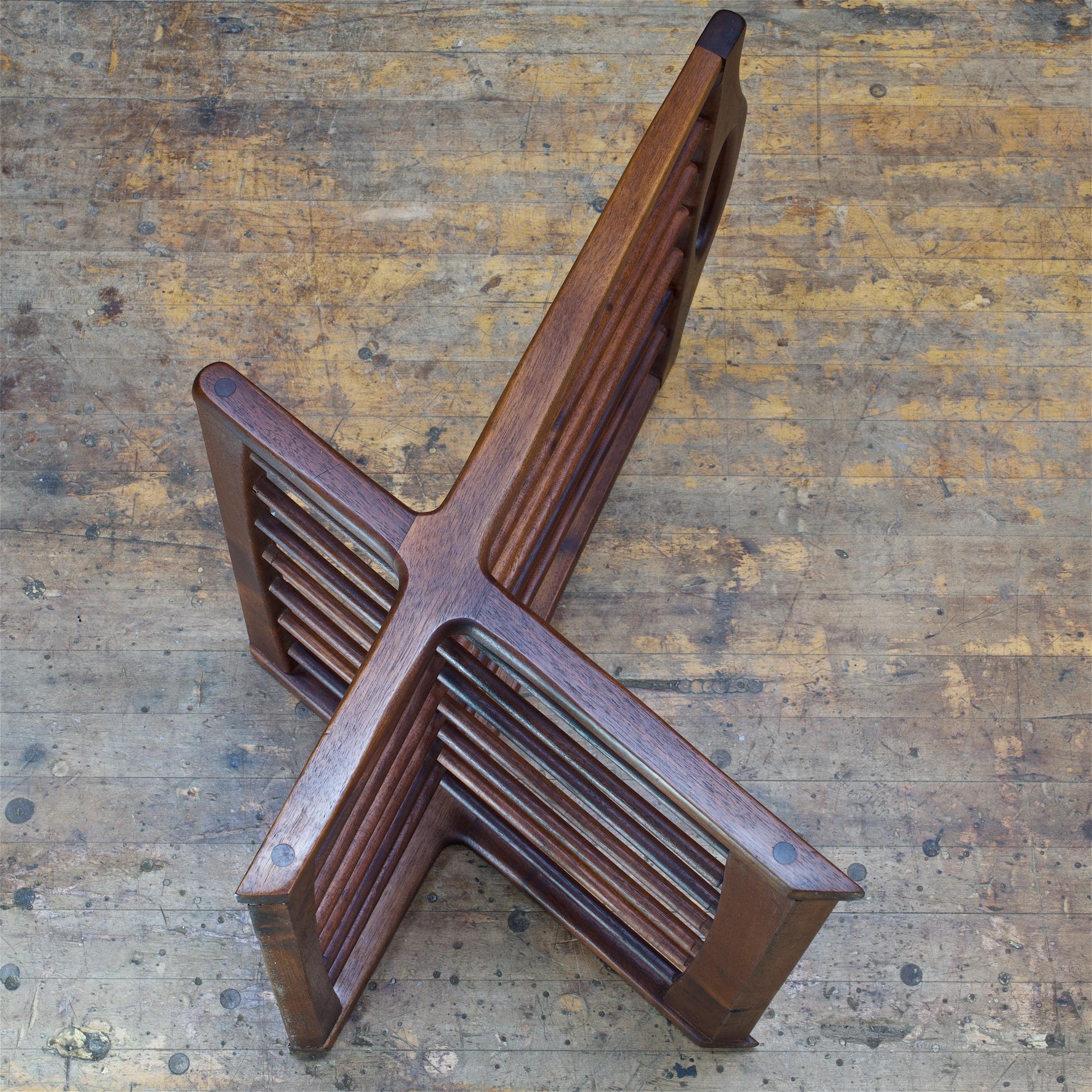 1950s Craftsman Architect Walnut Spoked and Somersaulting Magazine Paper Rack   For Sale 2