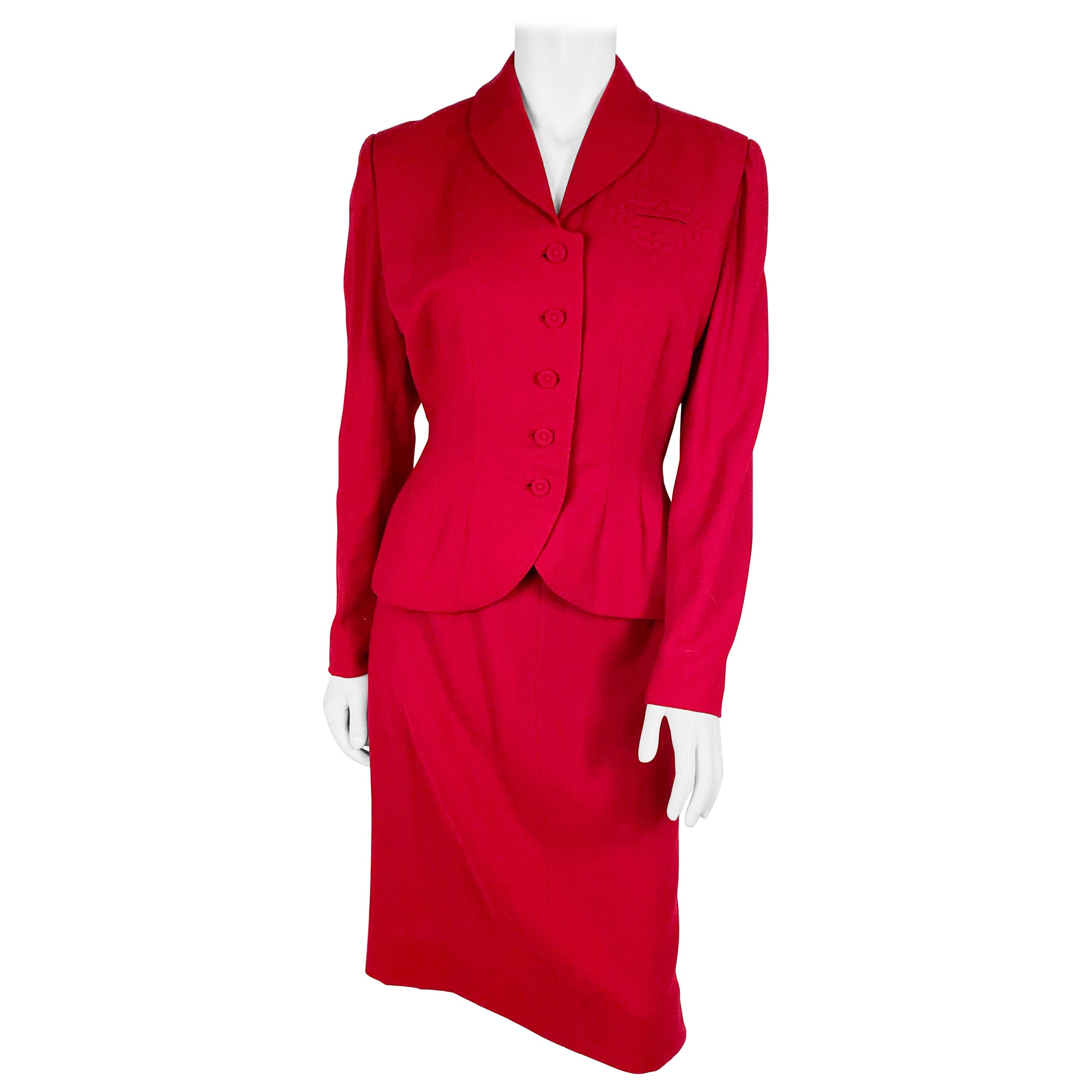 1950s Cranberry Red Suit with Trapunto Embroidery