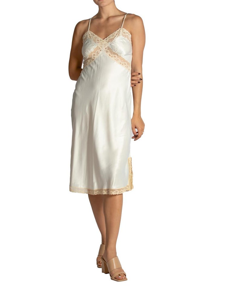 1950S Cream Bias Cut Nylon Negligee With Lace Trim and Hand Embroidered ...